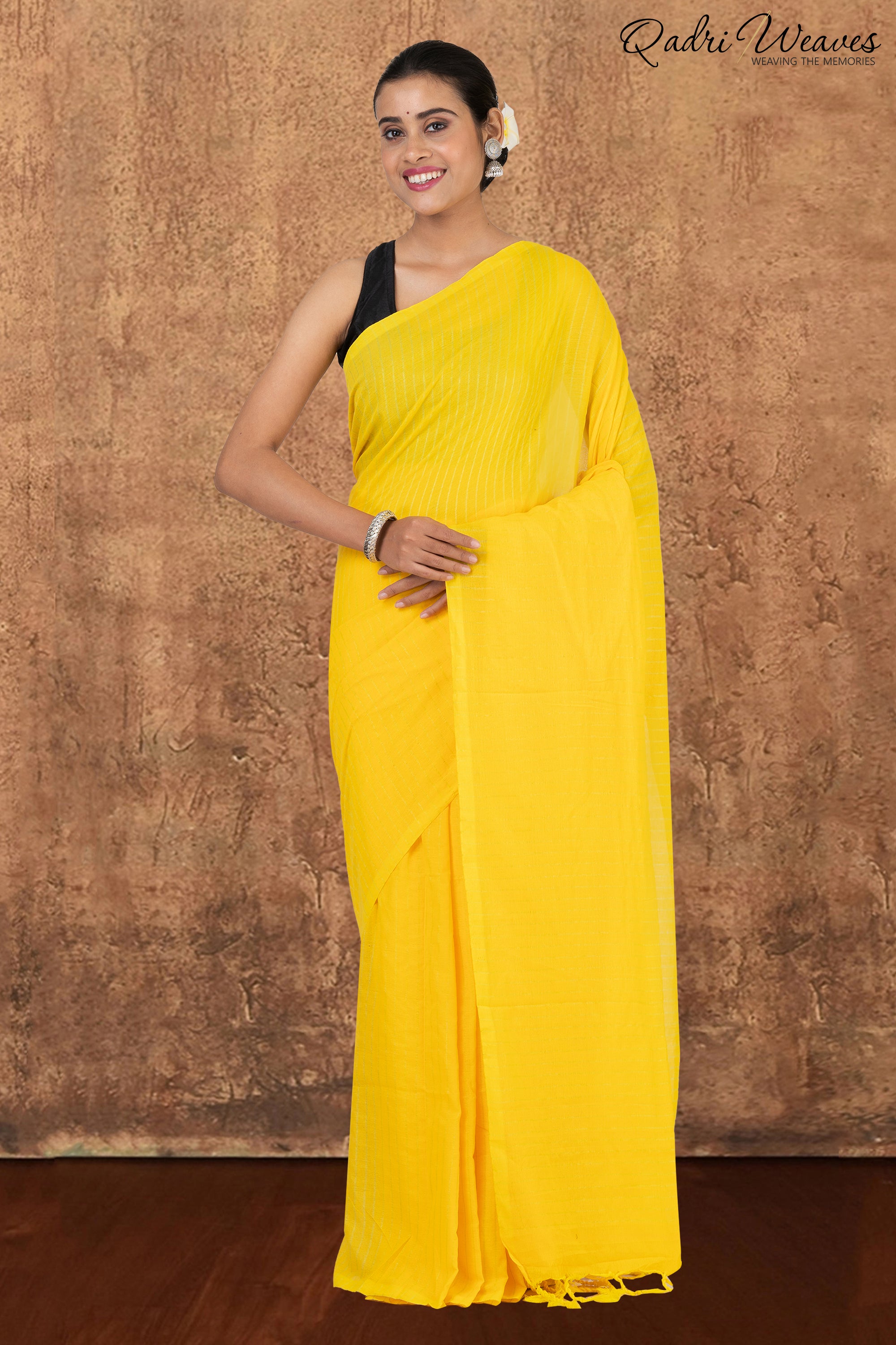 Lemon Yellow Striped Khadi Saree