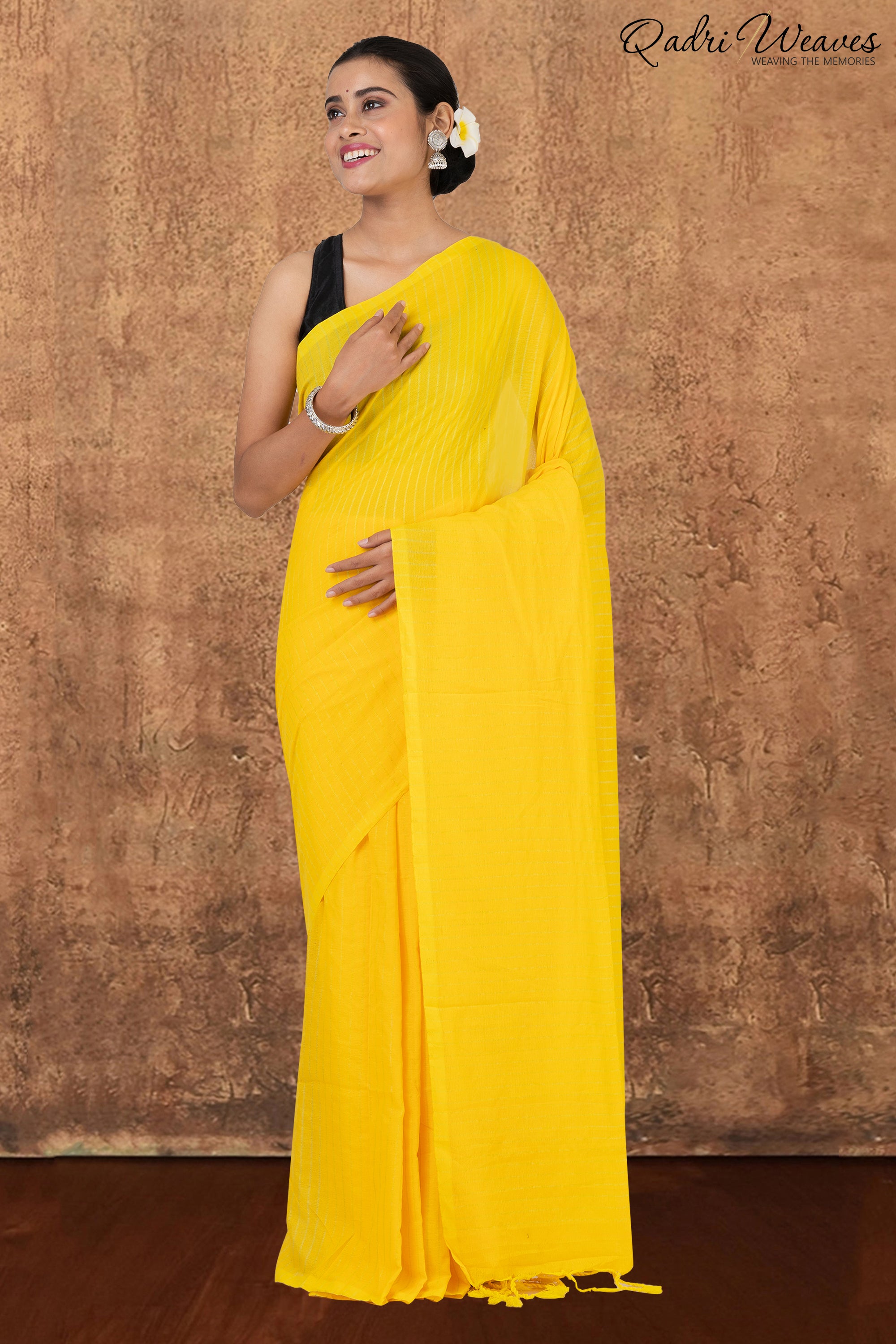 Lemon Yellow Striped Khadi Saree