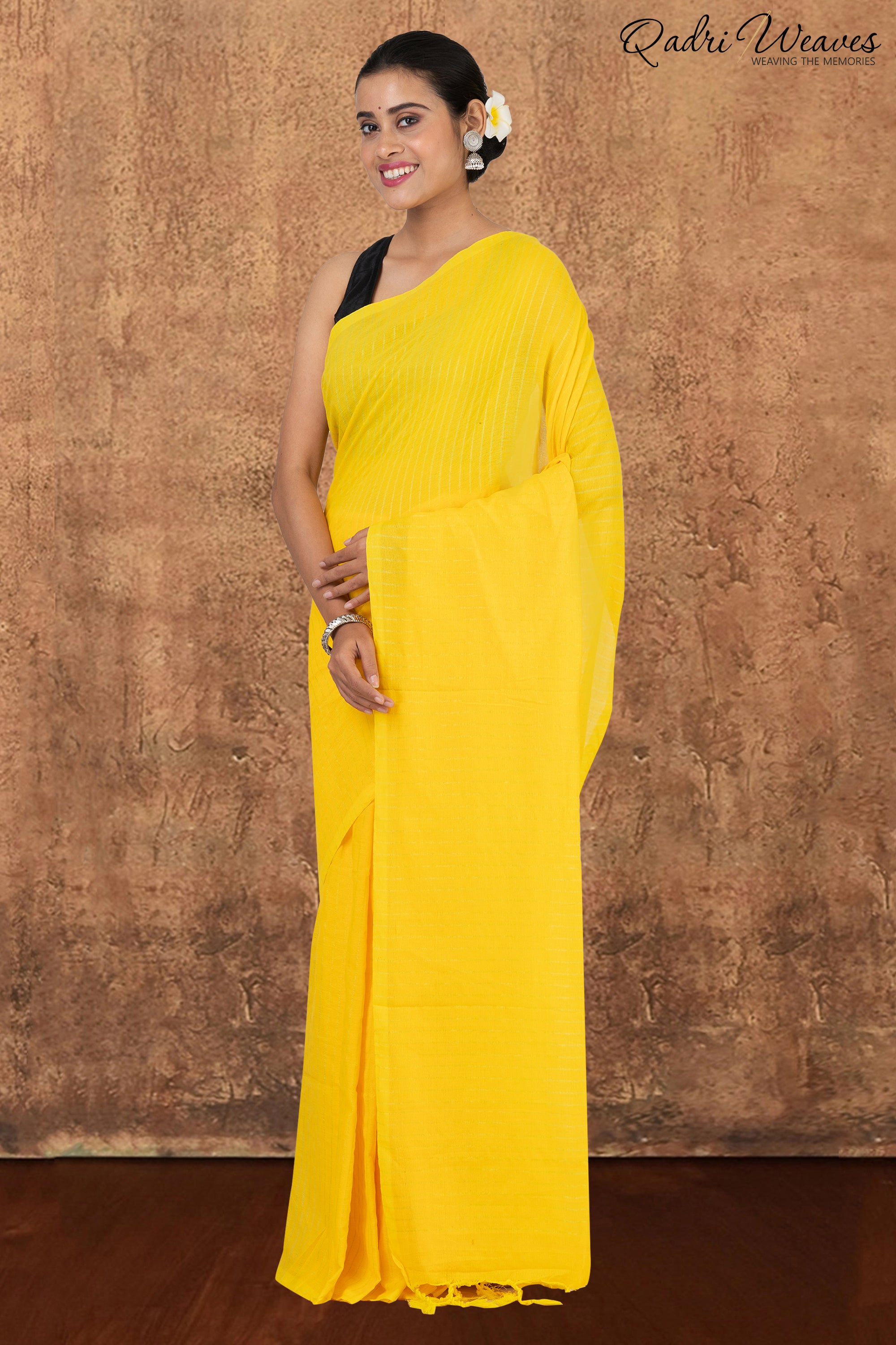 Lemon Yellow Striped Khadi Saree