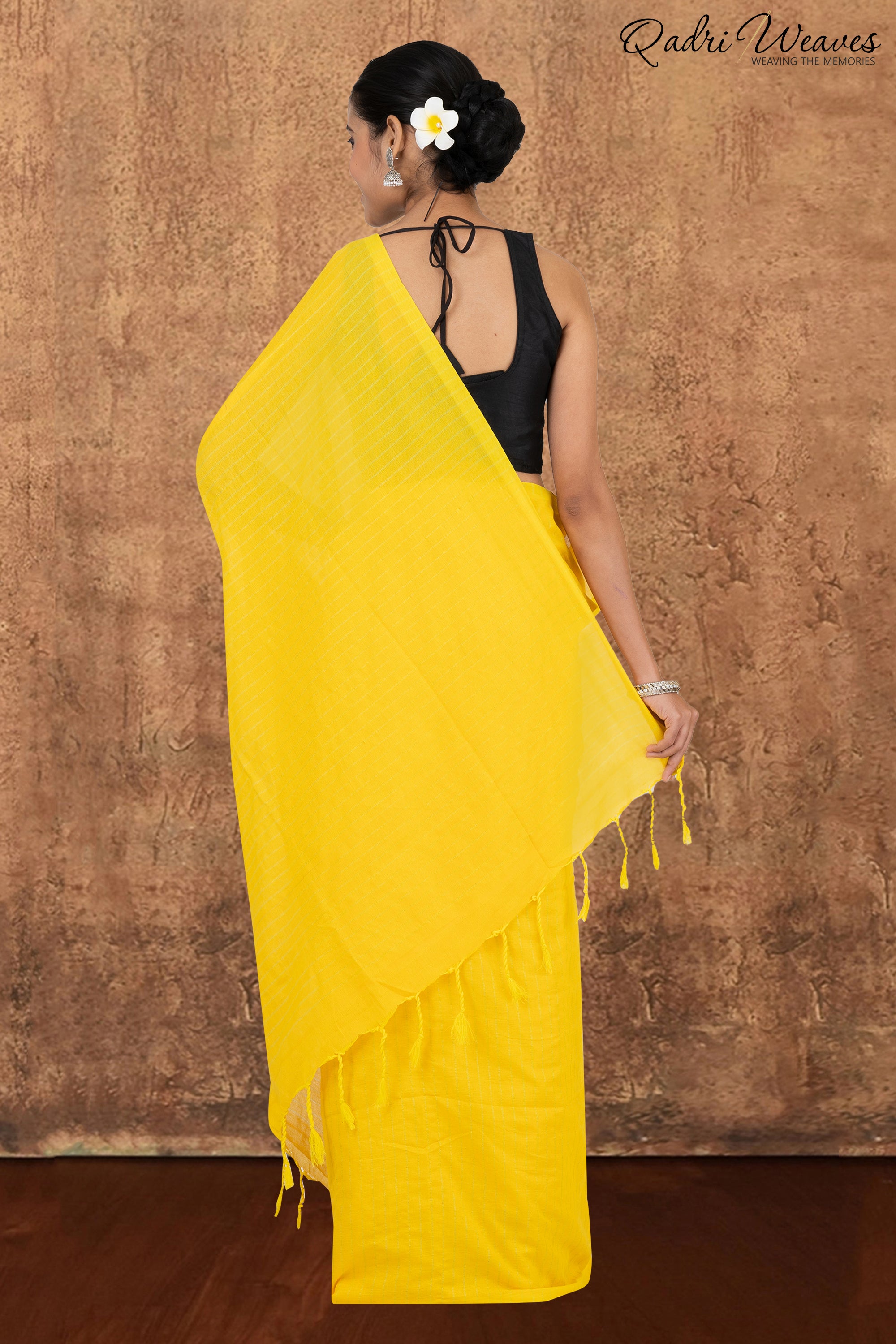 Lemon Yellow Striped Khadi Saree