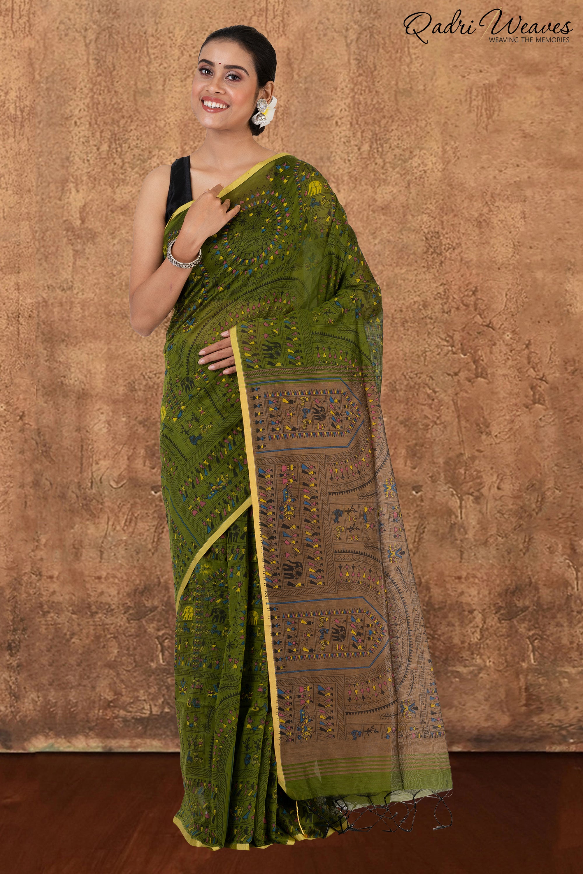 Olive Green Madhubani Print Cotton Silk Saree