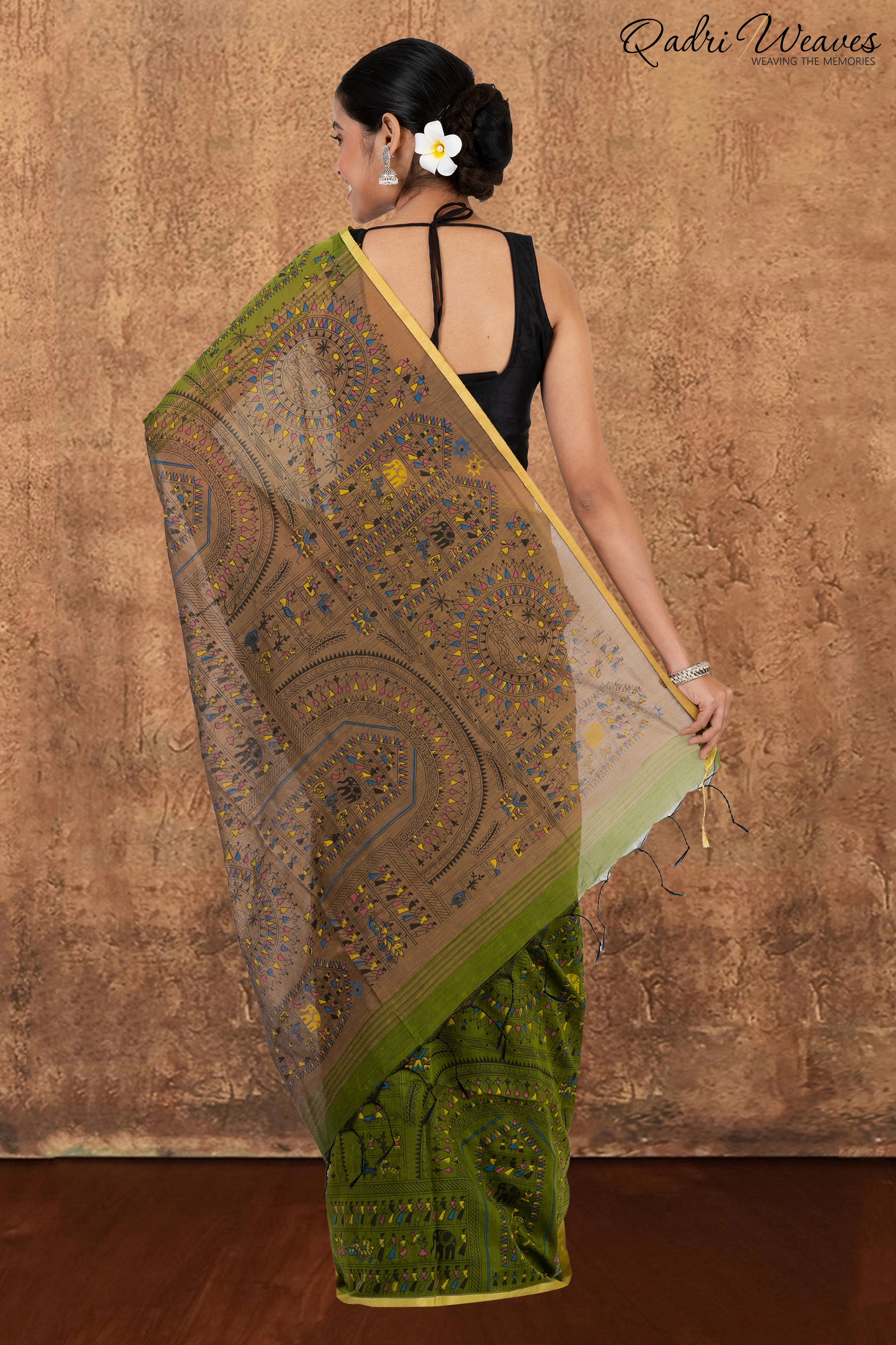 Olive Green Madhubani Print Cotton Silk Saree