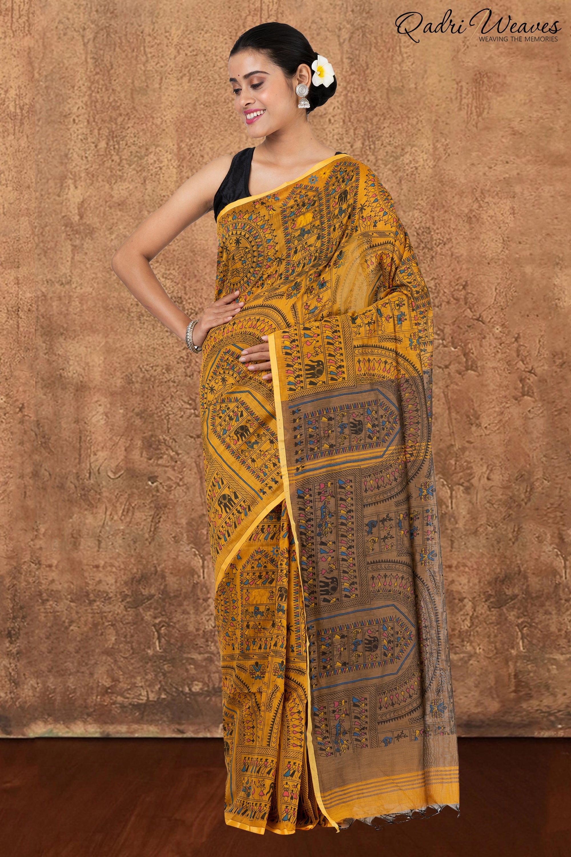 Mustard Madhubani Print Cotton Silk Saree