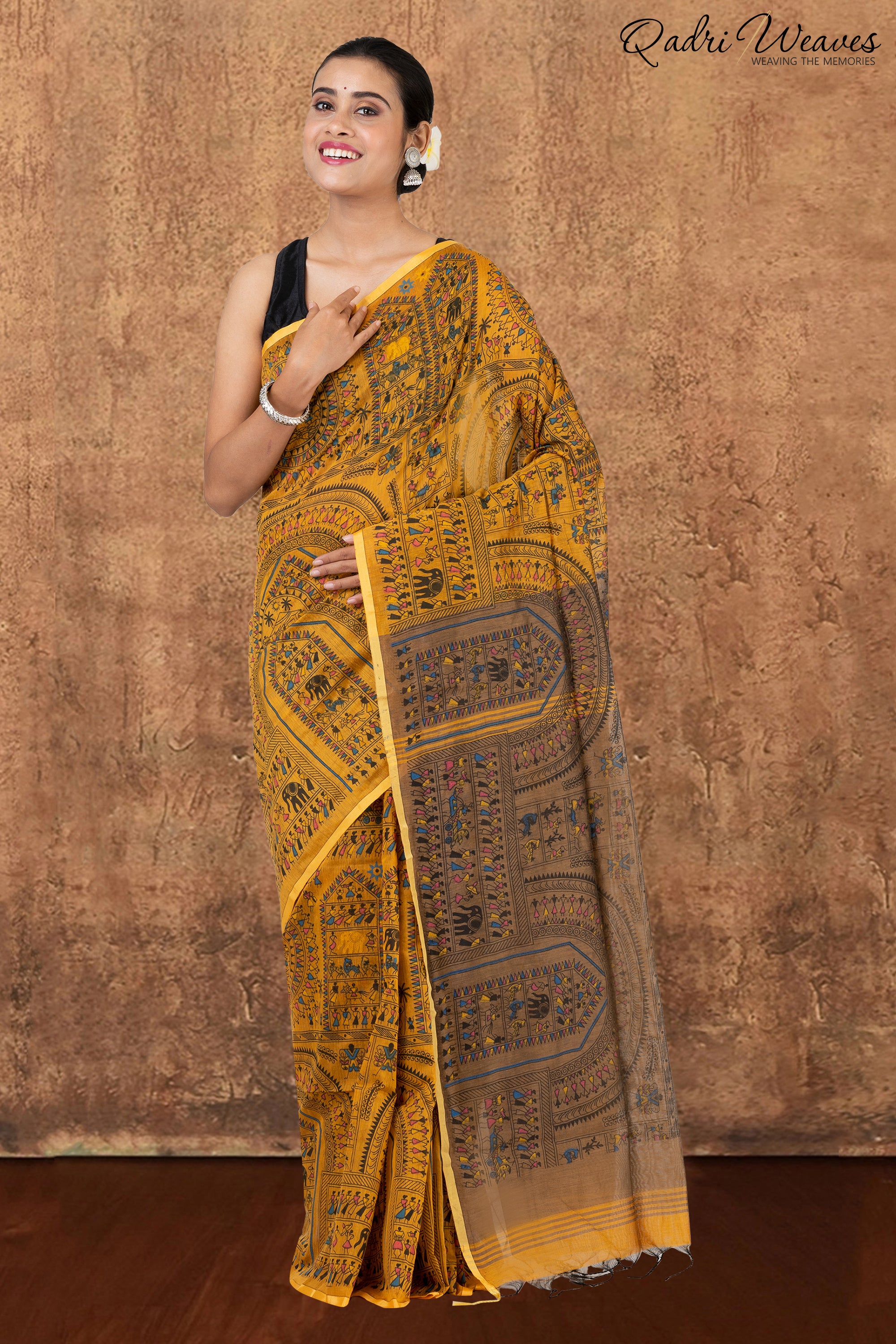 Mustard Madhubani Print Cotton Silk Saree