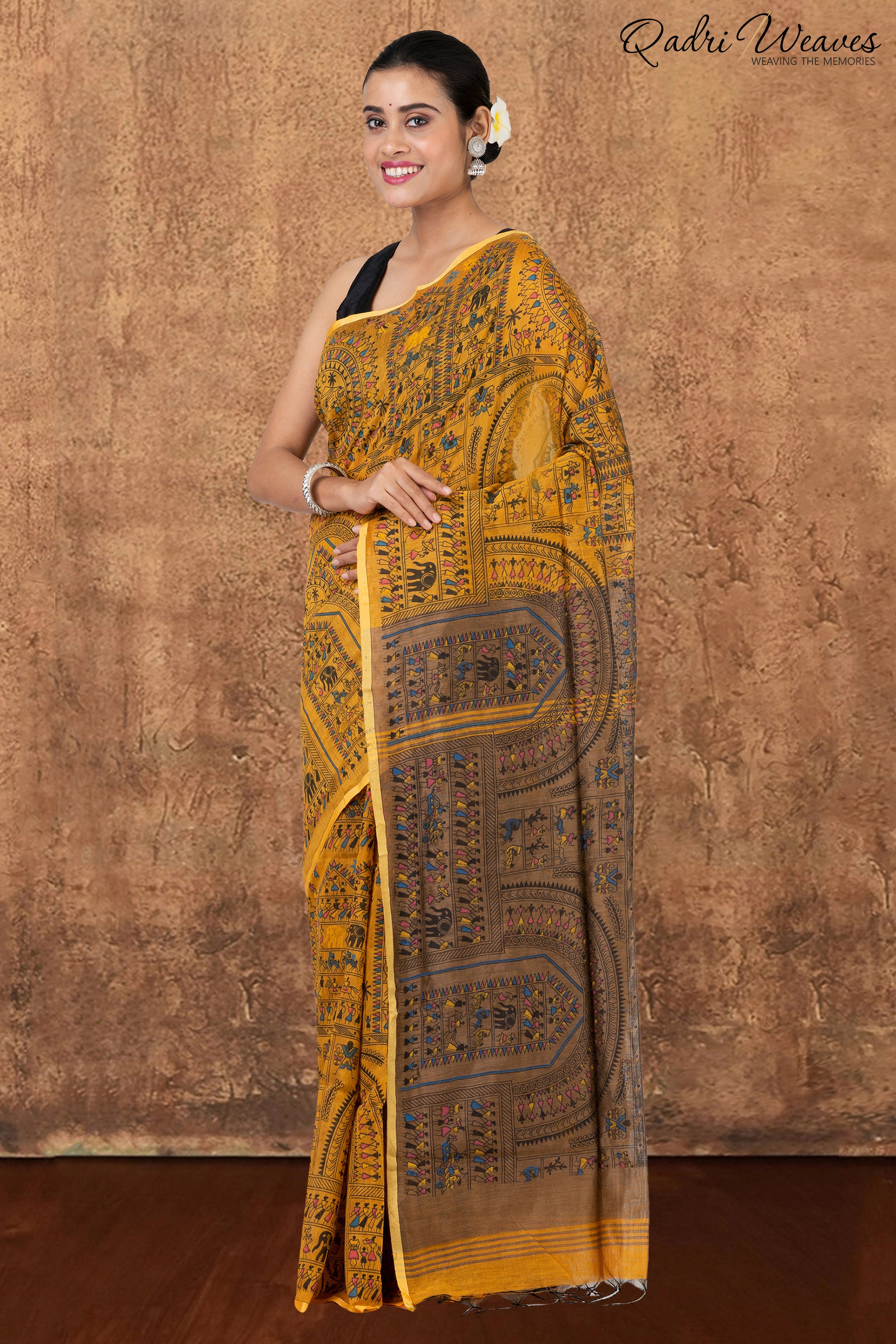 Mustard Madhubani Print Cotton Silk Saree