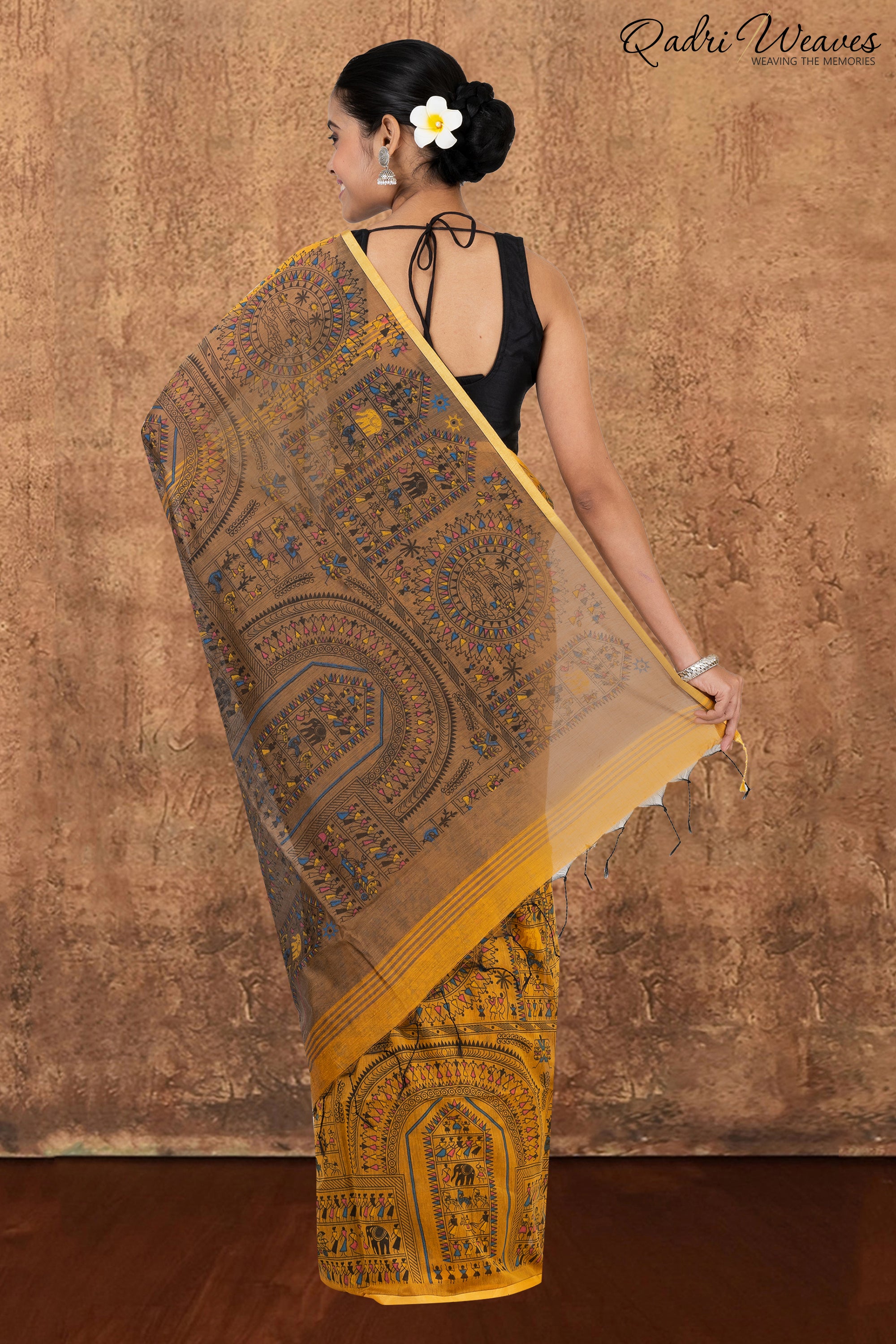 Mustard Madhubani Print Cotton Silk Saree