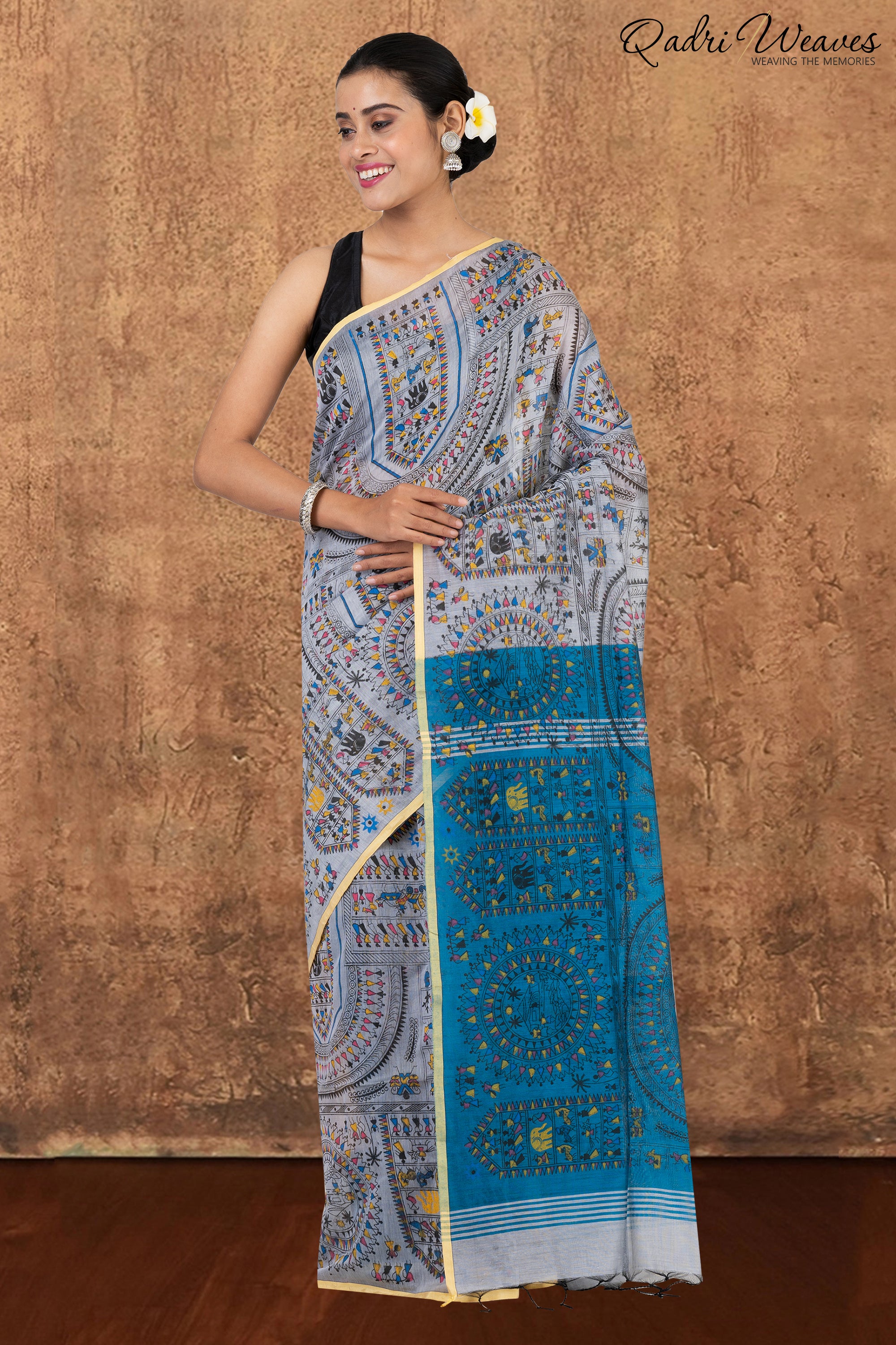 Cloud Silver & Blue Madhubani Print Cotton Silk Saree