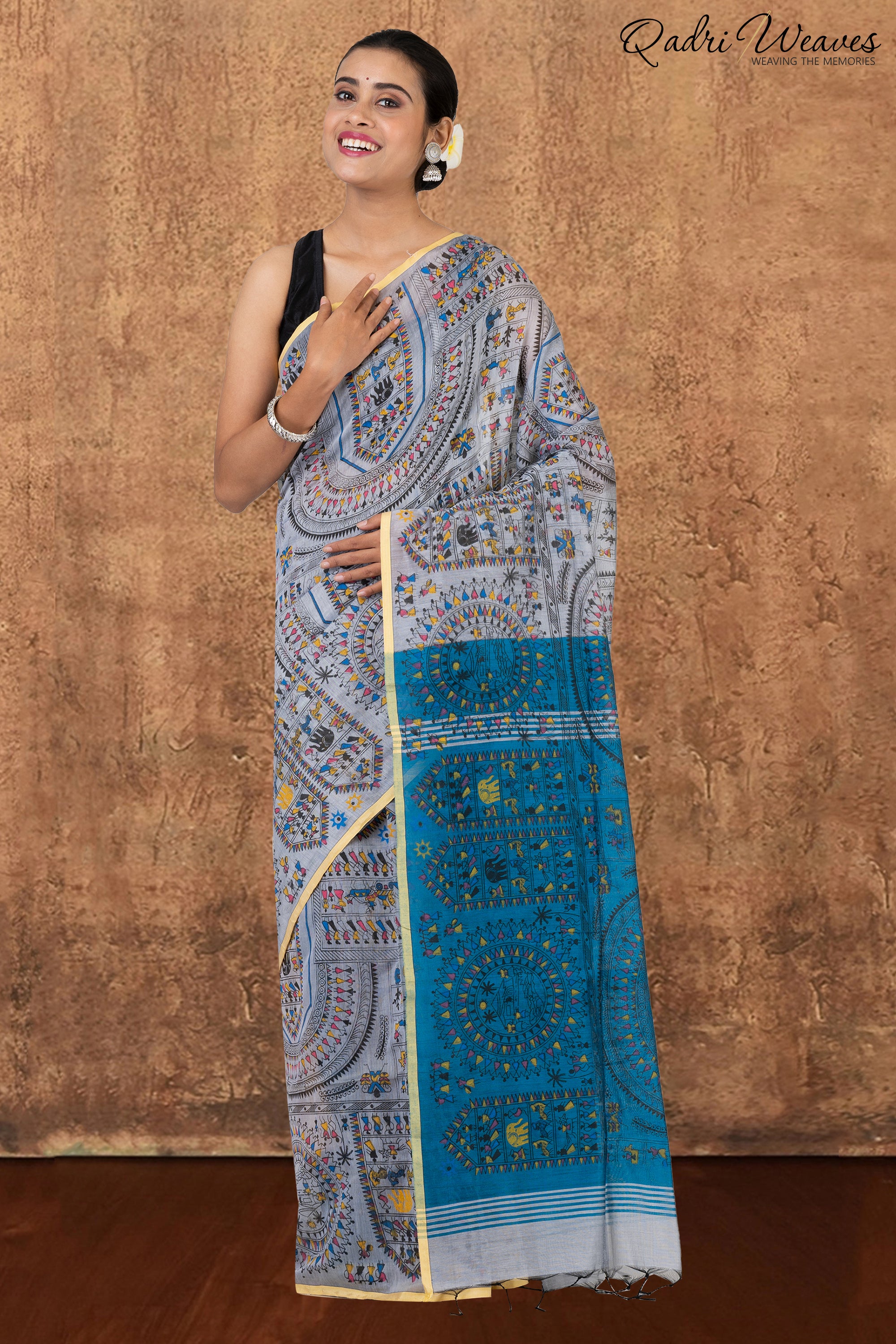 Cloud Silver & Blue Madhubani Print Cotton Silk Saree