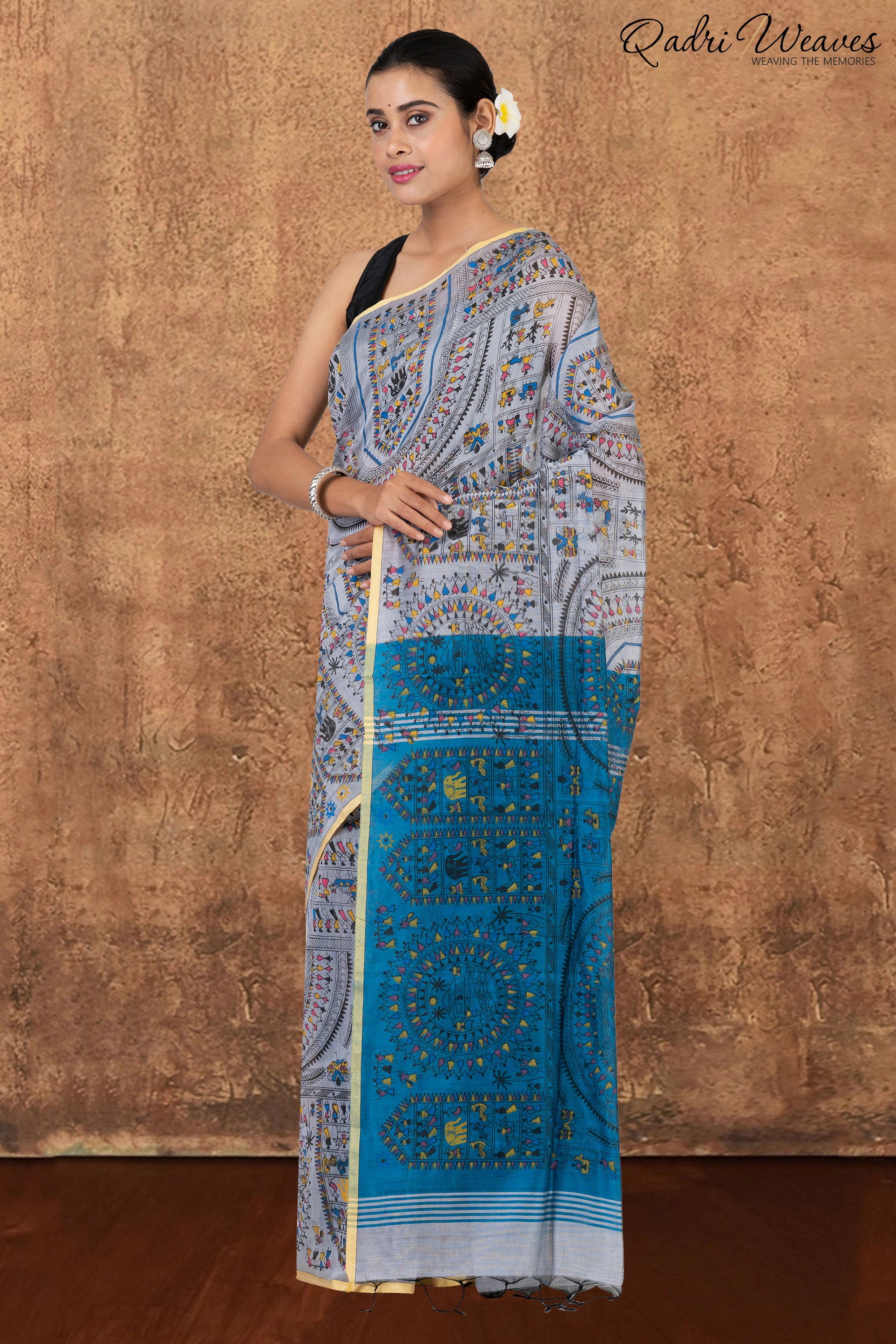 Cloud Silver & Blue Madhubani Print Cotton Silk Saree