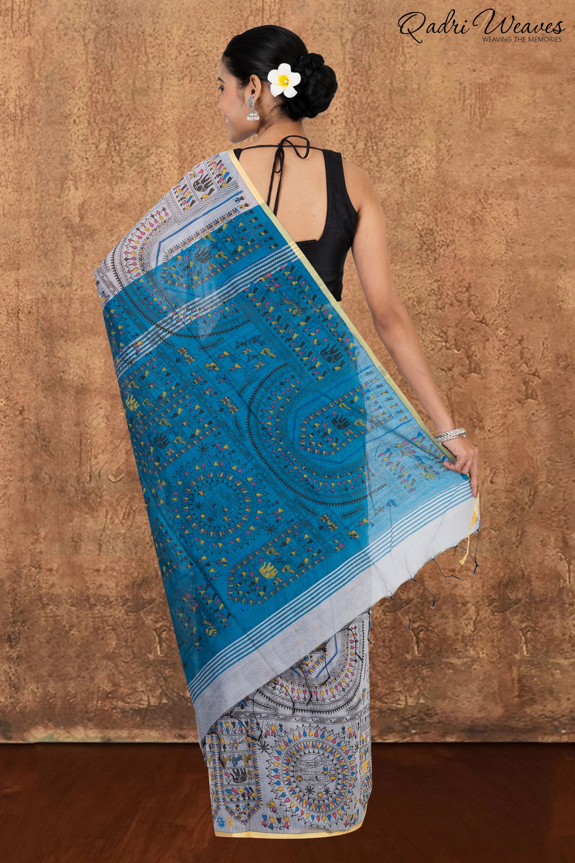 Cloud Silver & Blue Madhubani Print Cotton Silk Saree