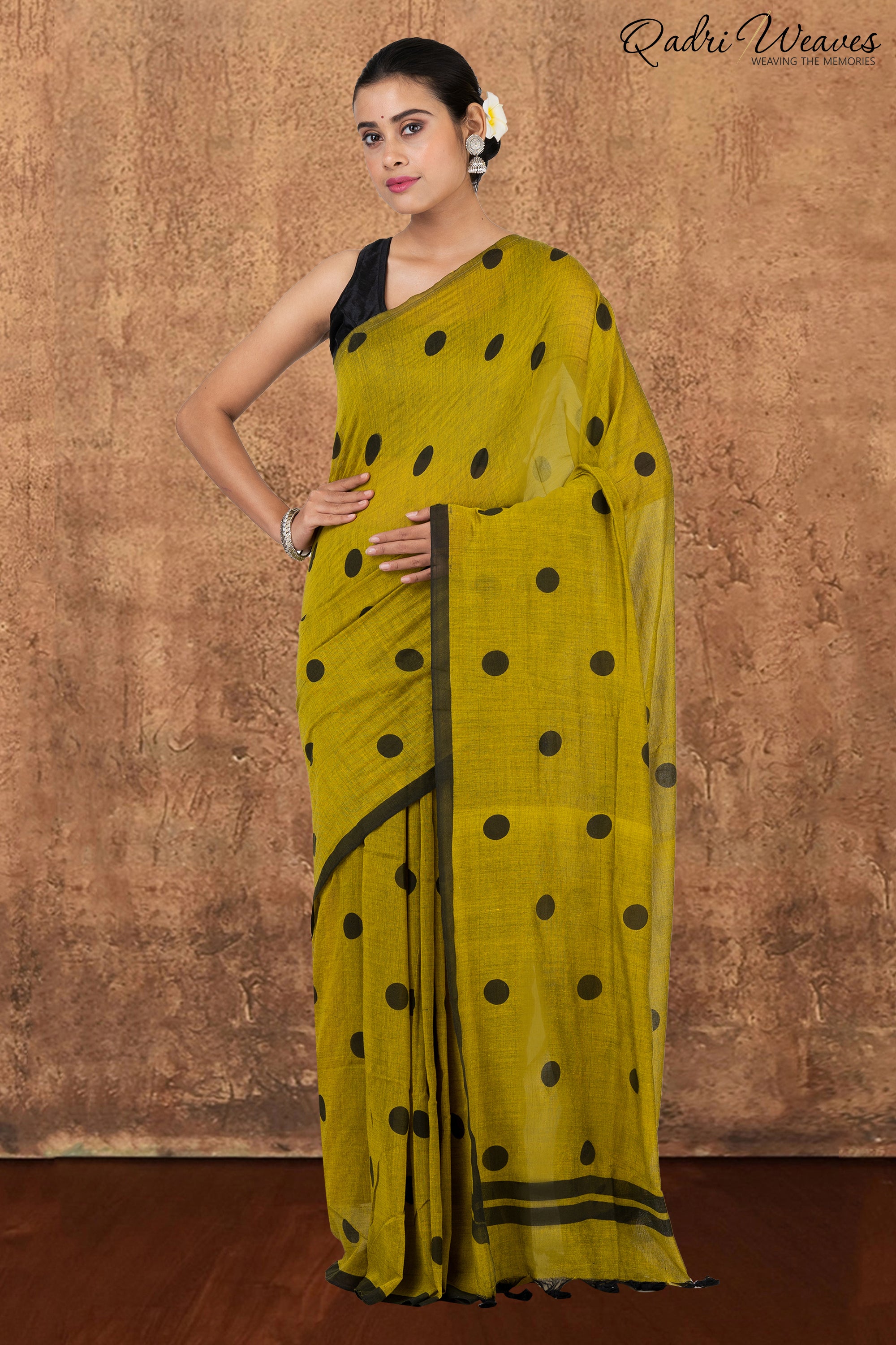 Olive Green with Black Polka Dot Prints Pure Mulmul Cotton Saree