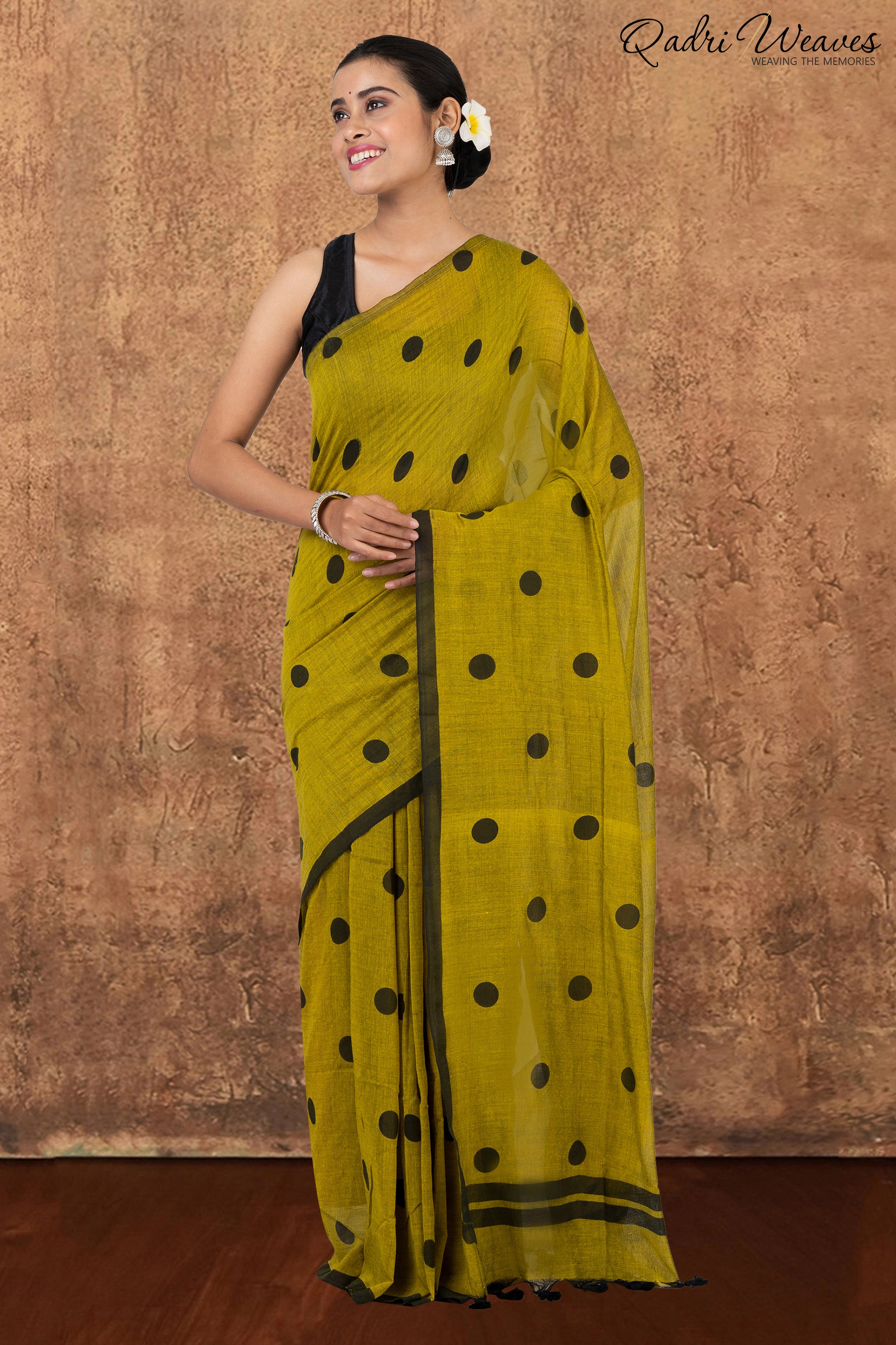 Olive Green with Black Polka Dot Prints Pure Mulmul Cotton Saree