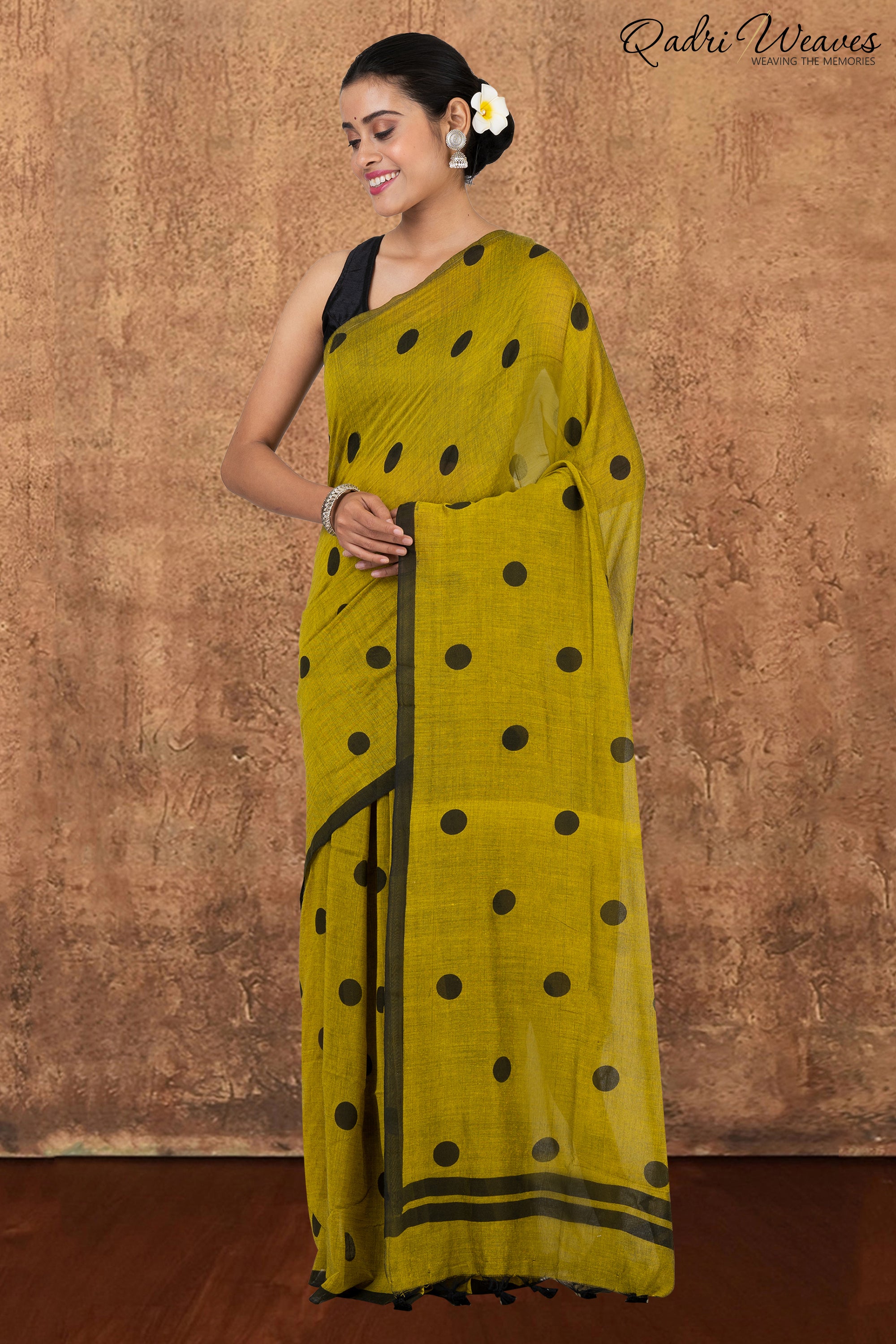 Olive Green with Black Polka Dot Prints Pure Mulmul Cotton Saree