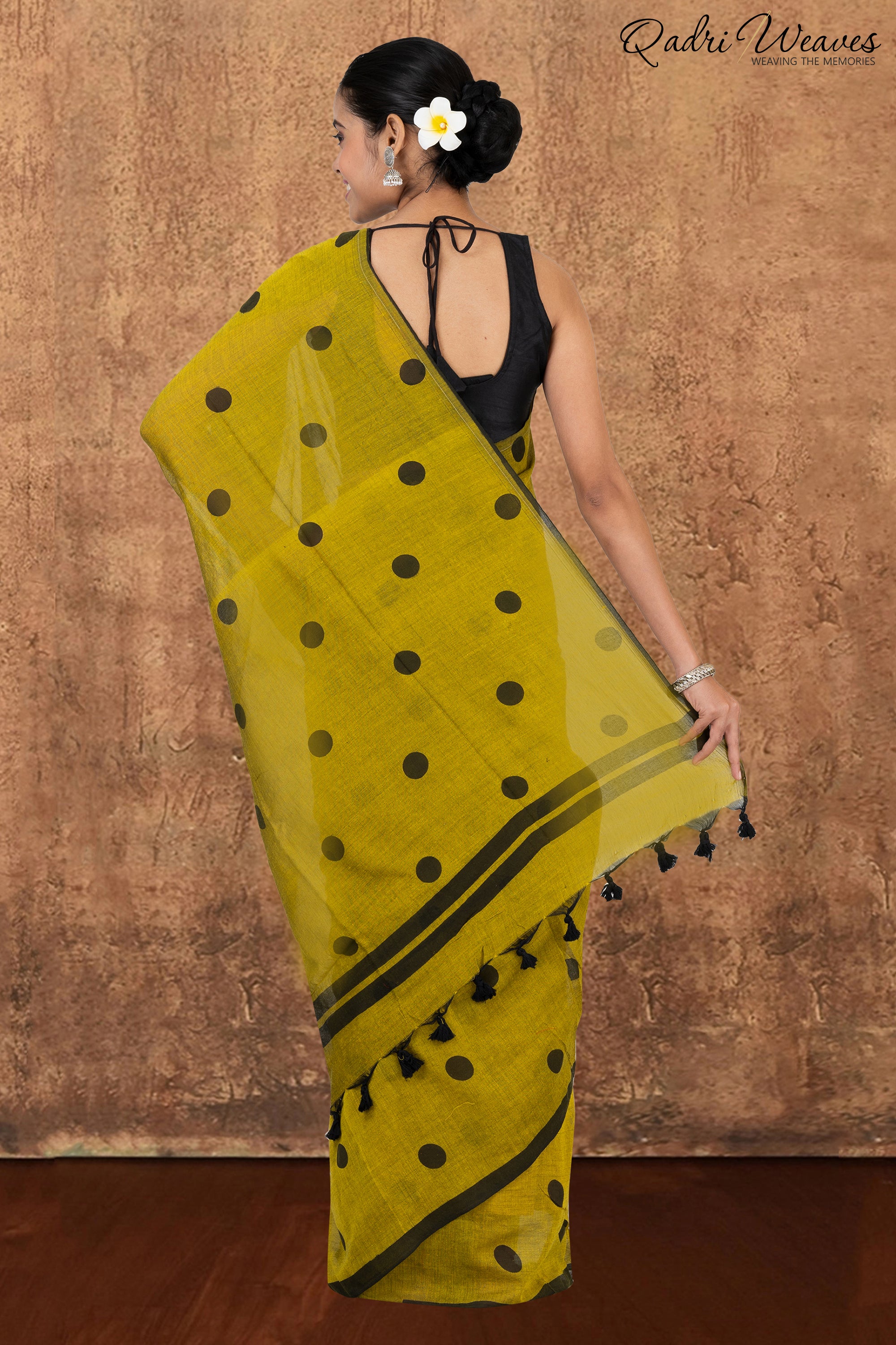 Olive Green with Black Polka Dot Prints Pure Mulmul Cotton Saree