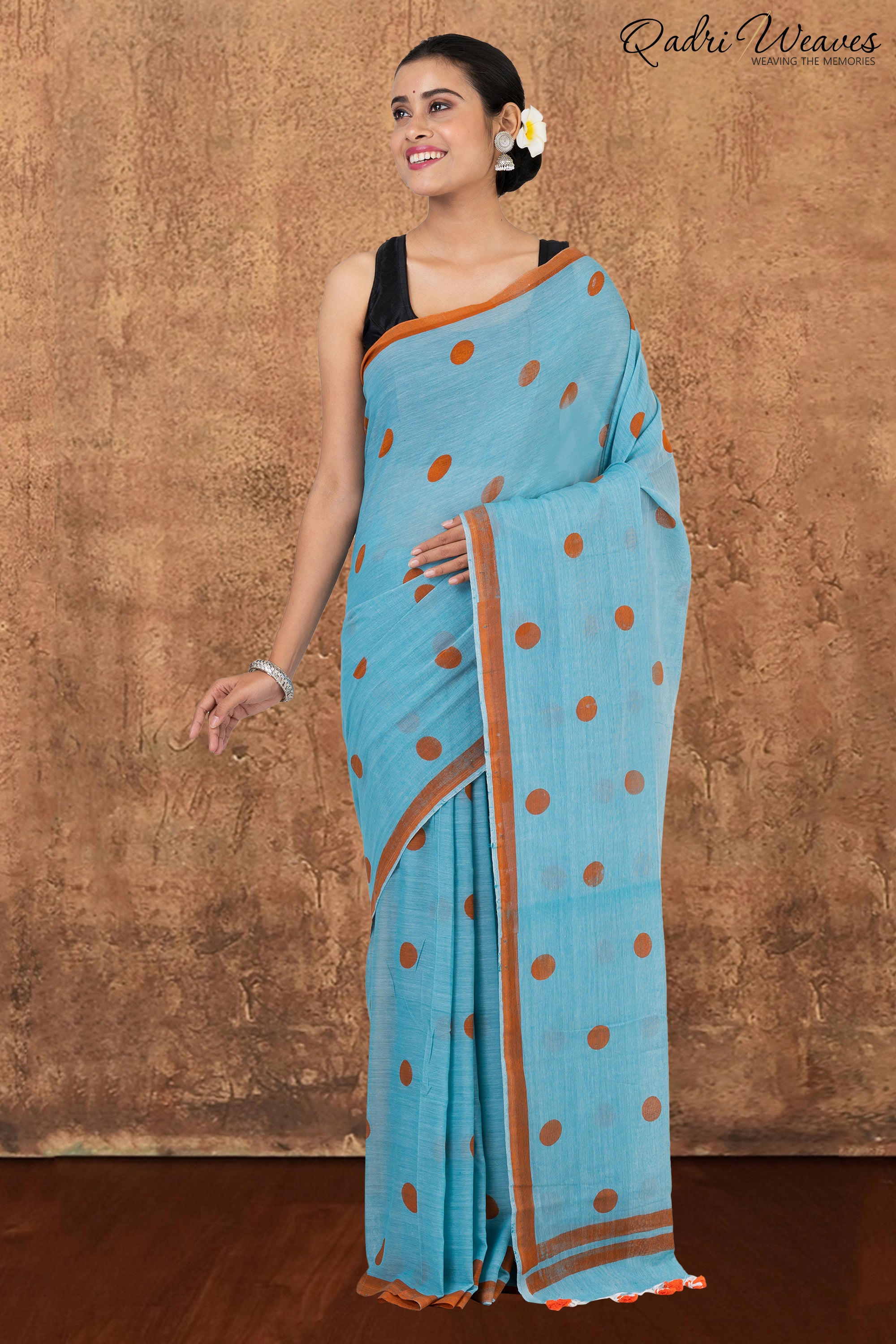 Turquoise Blue with Sienna Brown Polka Dots Prints Pure Mulmul Cotton Saree