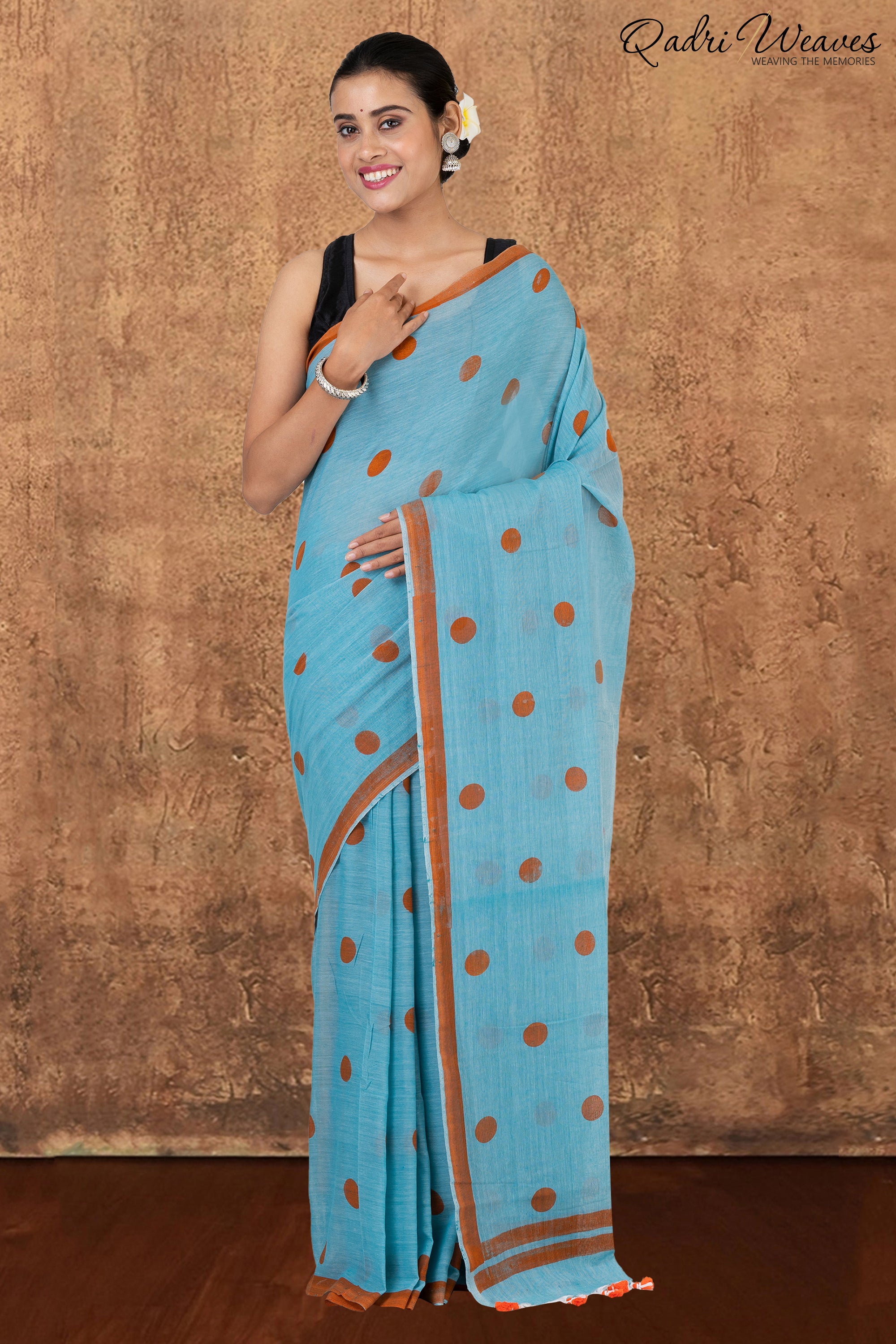 Turquoise Blue with Sienna Brown Polka Dots Prints Pure Mulmul Cotton Saree