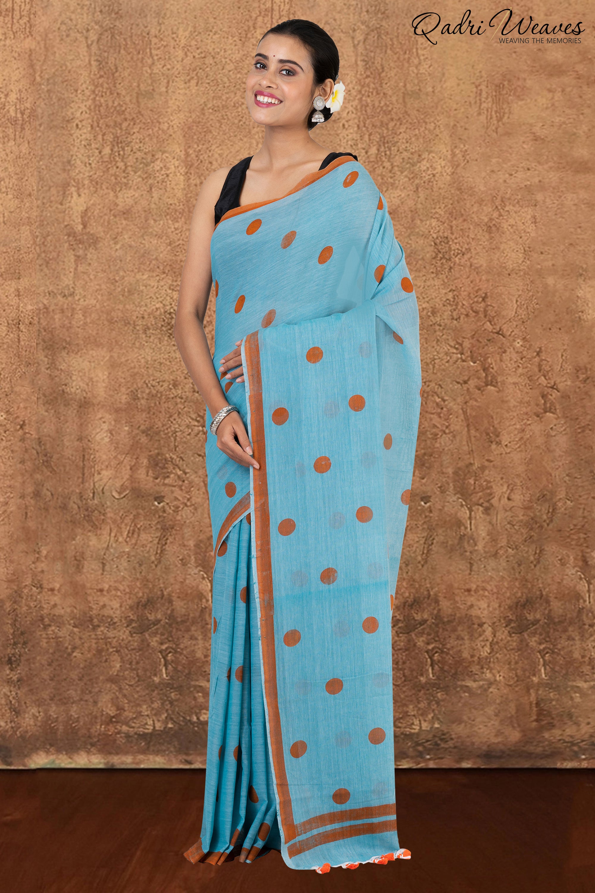 Turquoise Blue with Sienna Brown Polka Dots Prints Pure Mulmul Cotton Saree