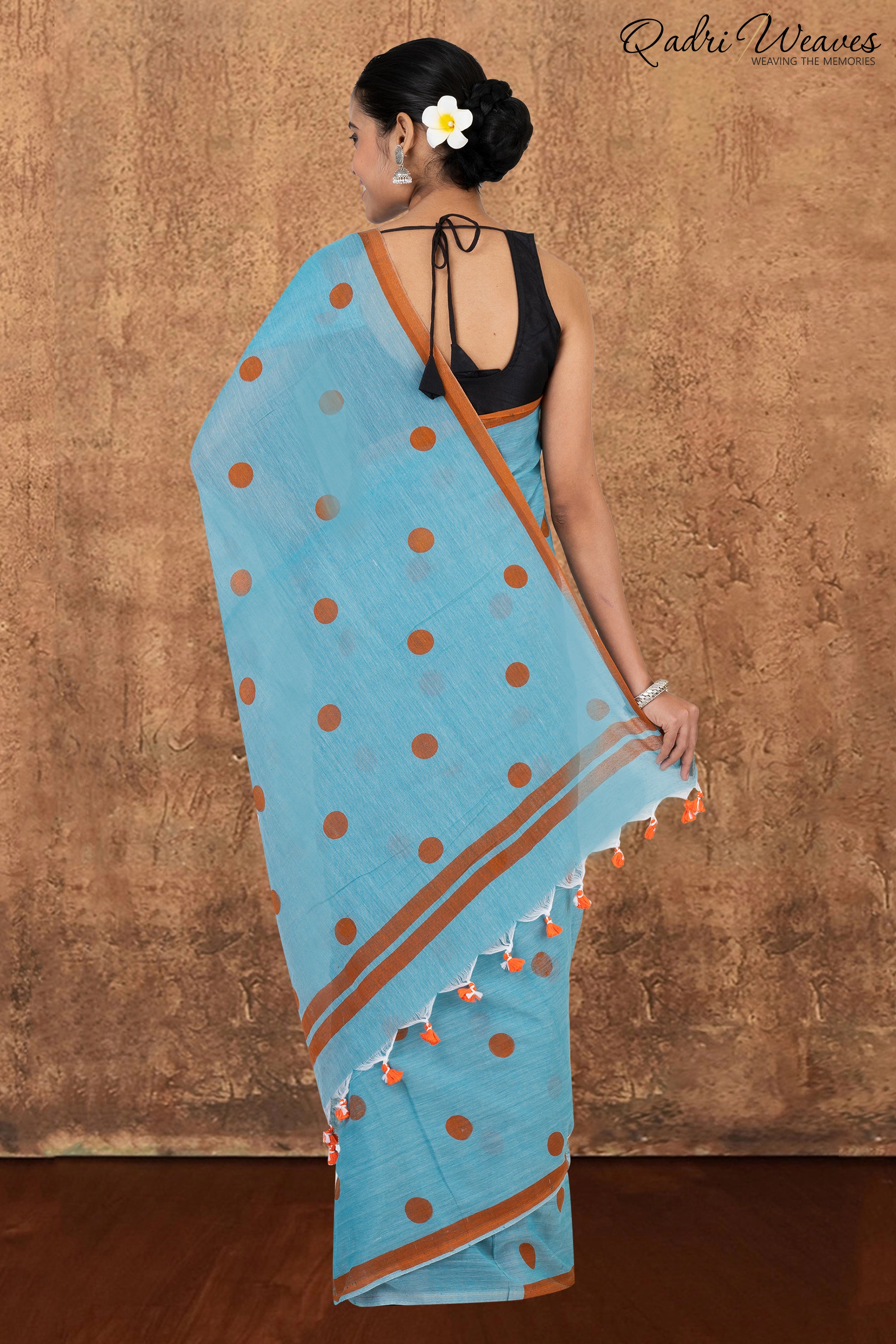 Turquoise Blue with Sienna Brown Polka Dots Prints Pure Mulmul Cotton Saree