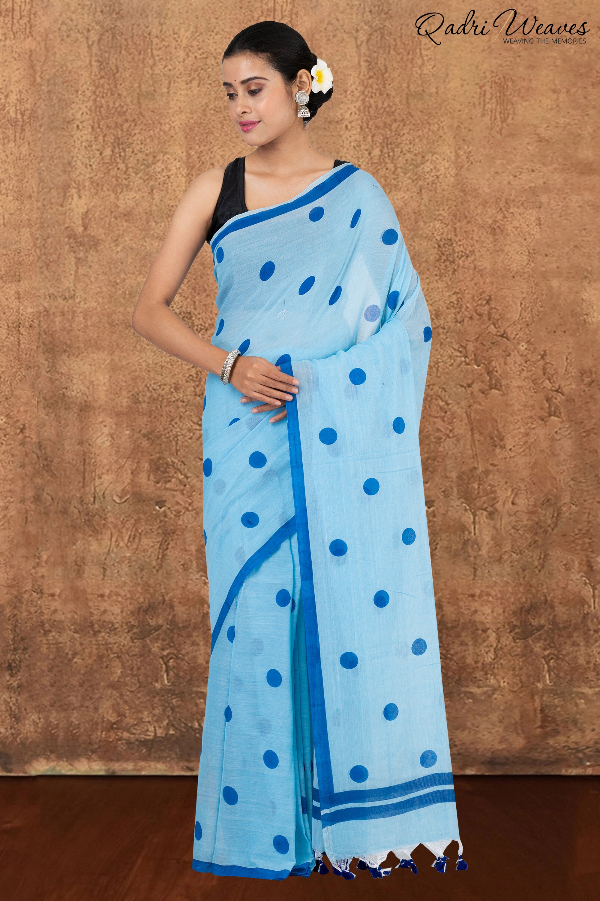 Light Blue with Cobalt Blue Polka Dot Prints Pure Mulmul Cotton Saree