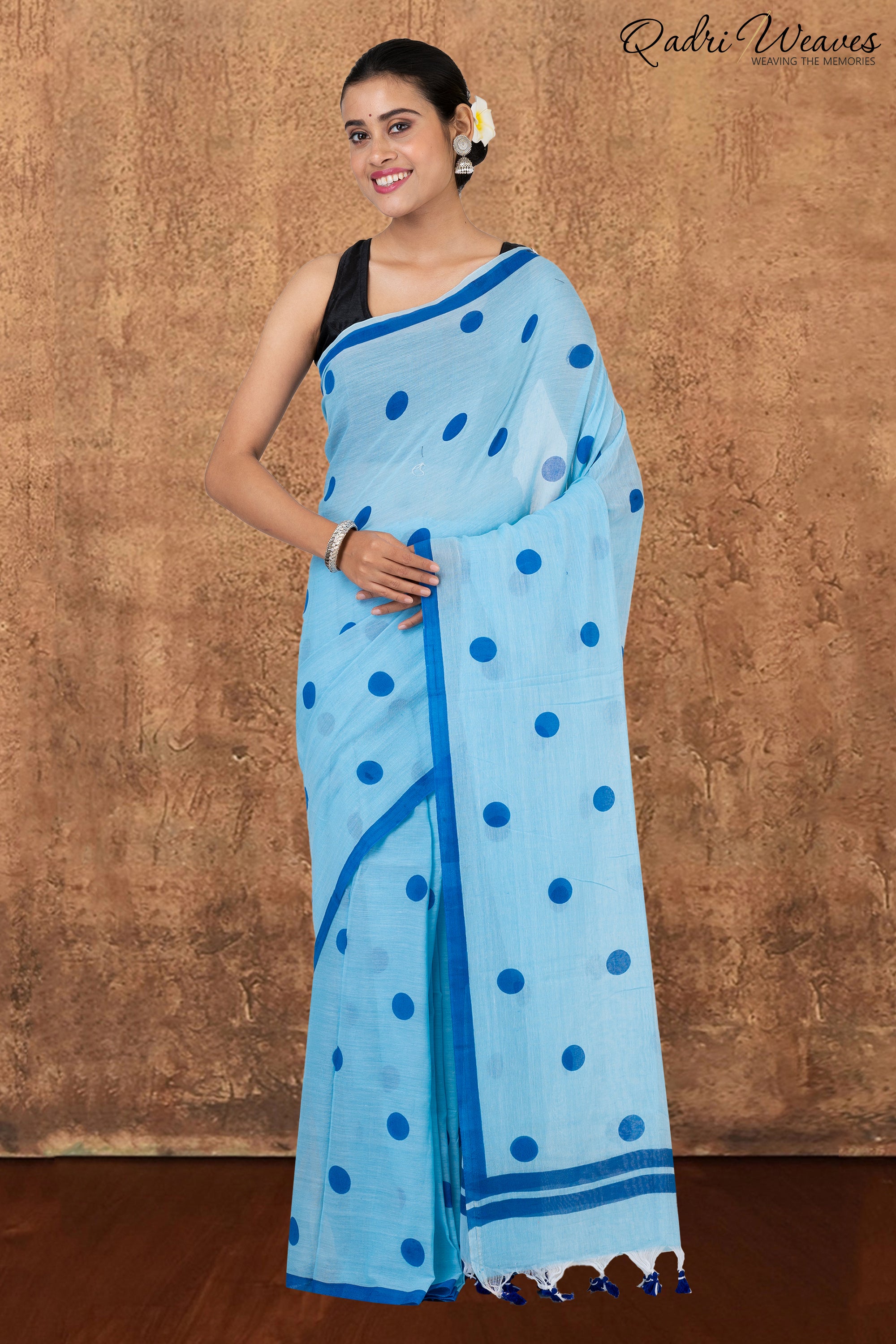 Light Blue with Cobalt Blue Polka Dot Prints Pure Mulmul Cotton Saree