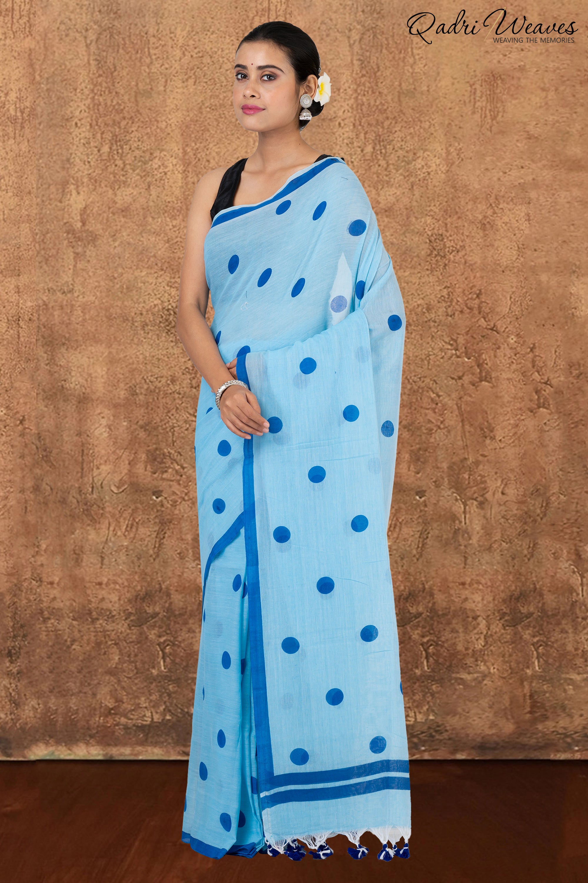 Light Blue with Cobalt Blue Polka Dot Prints Pure Mulmul Cotton Saree