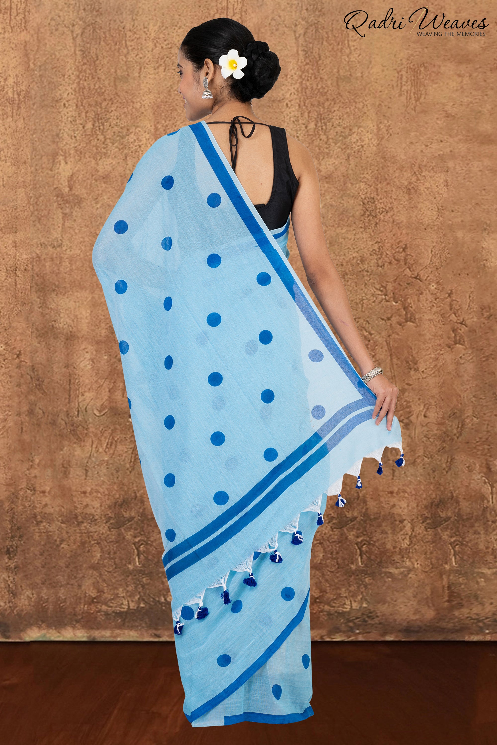 Light Blue with Cobalt Blue Polka Dot Prints Pure Mulmul Cotton Saree