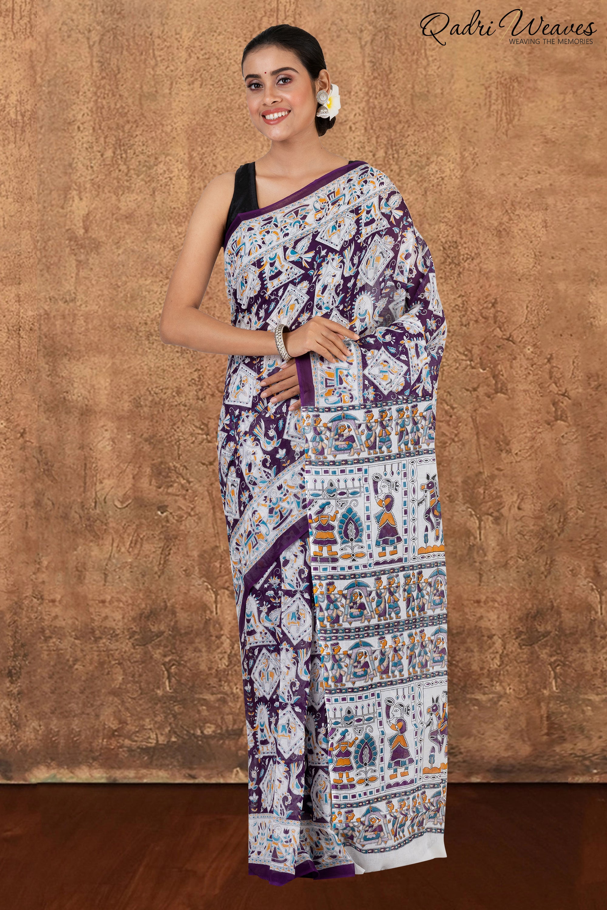 Printed Purple Indian Procession Design Pure Mulmul Saree