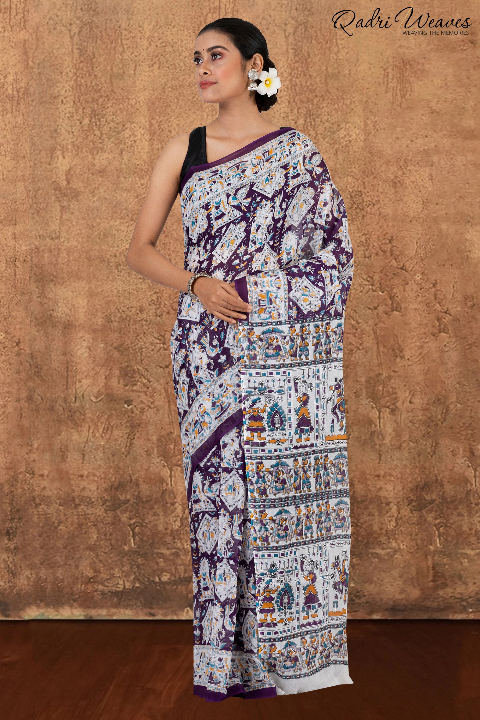 Printed Purple Indian Procession Design Pure Mulmul Saree