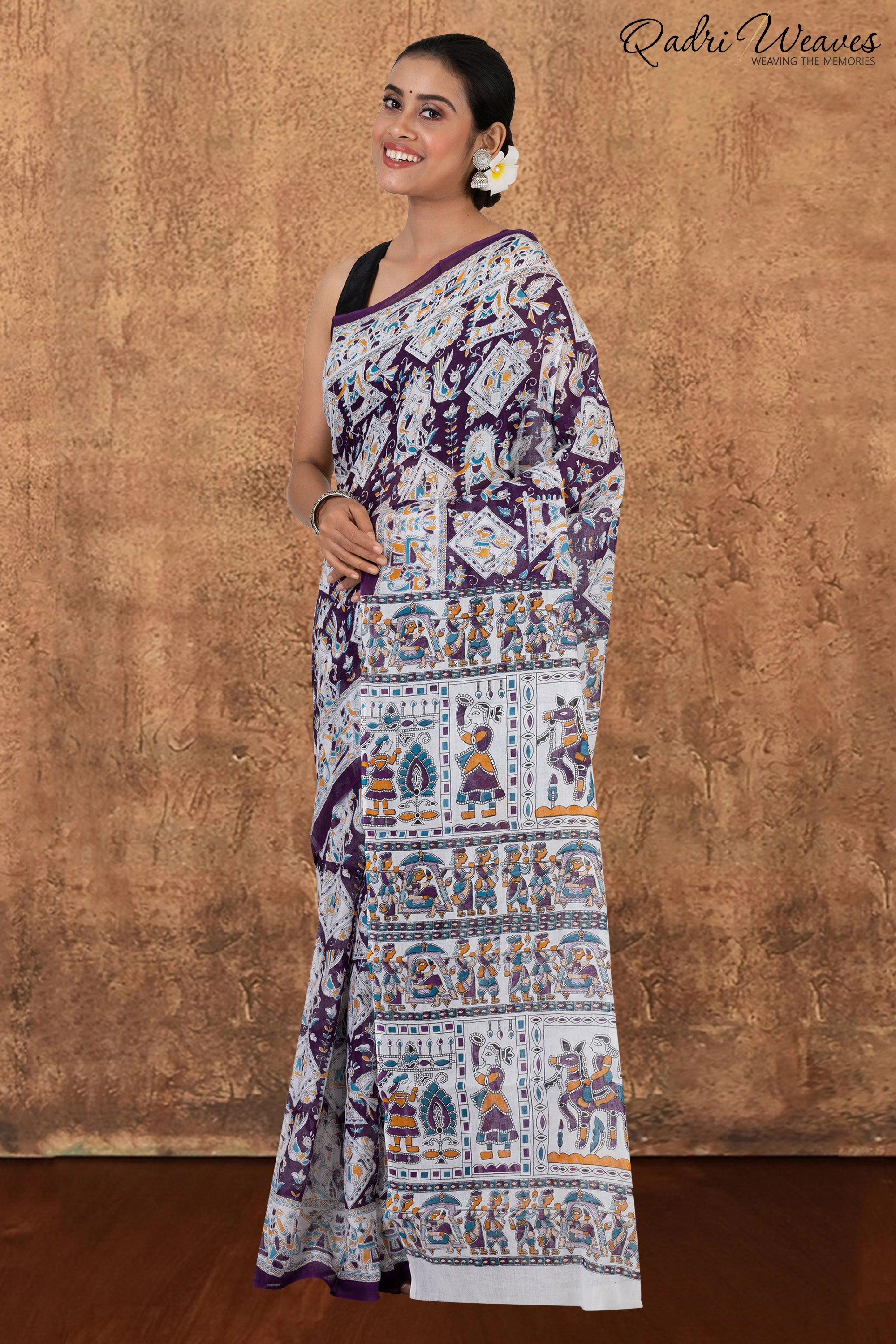 Printed Purple Indian Procession Design Pure Mulmul Saree