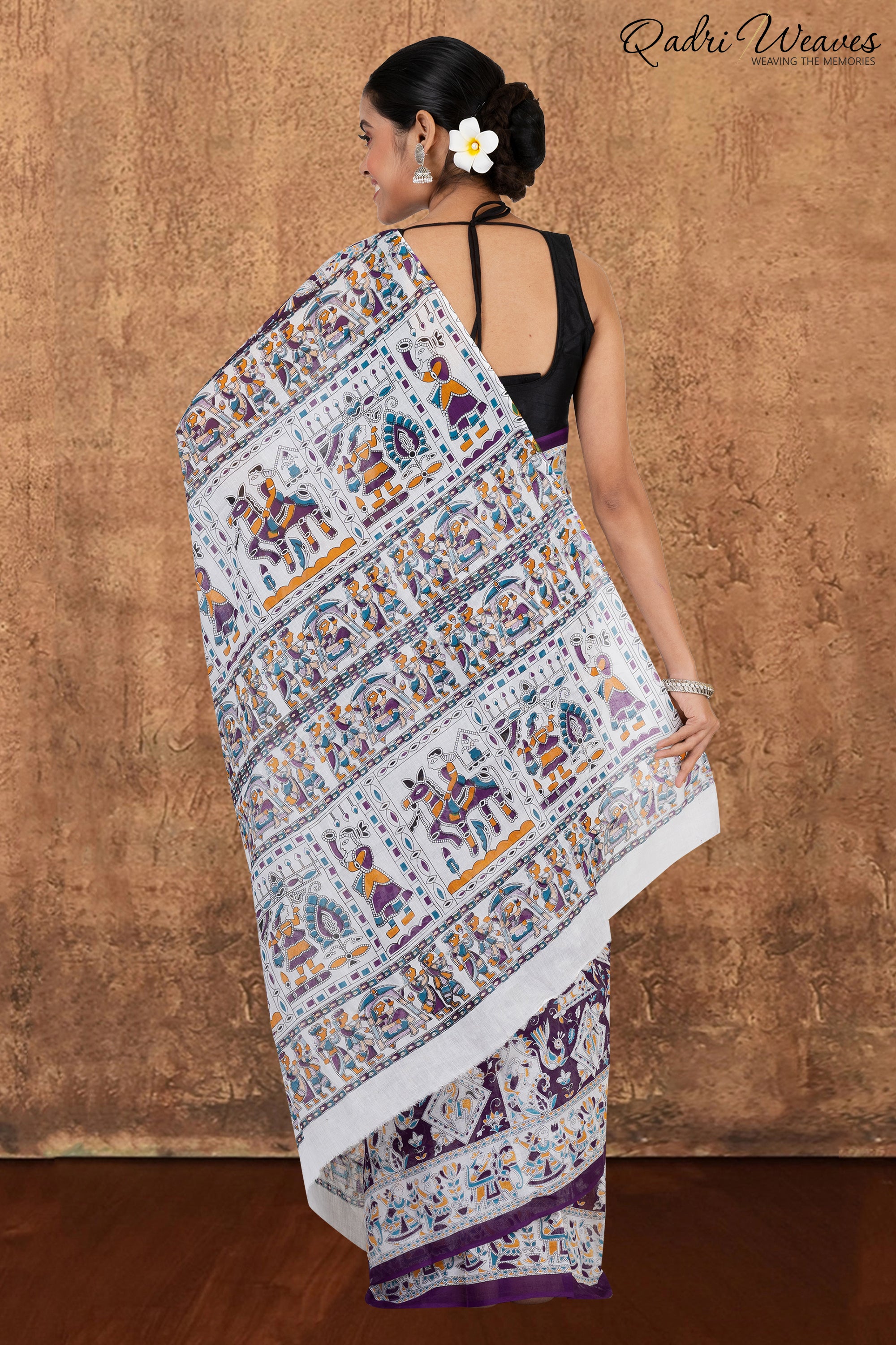 Printed Purple Indian Procession Design Pure Mulmul Saree