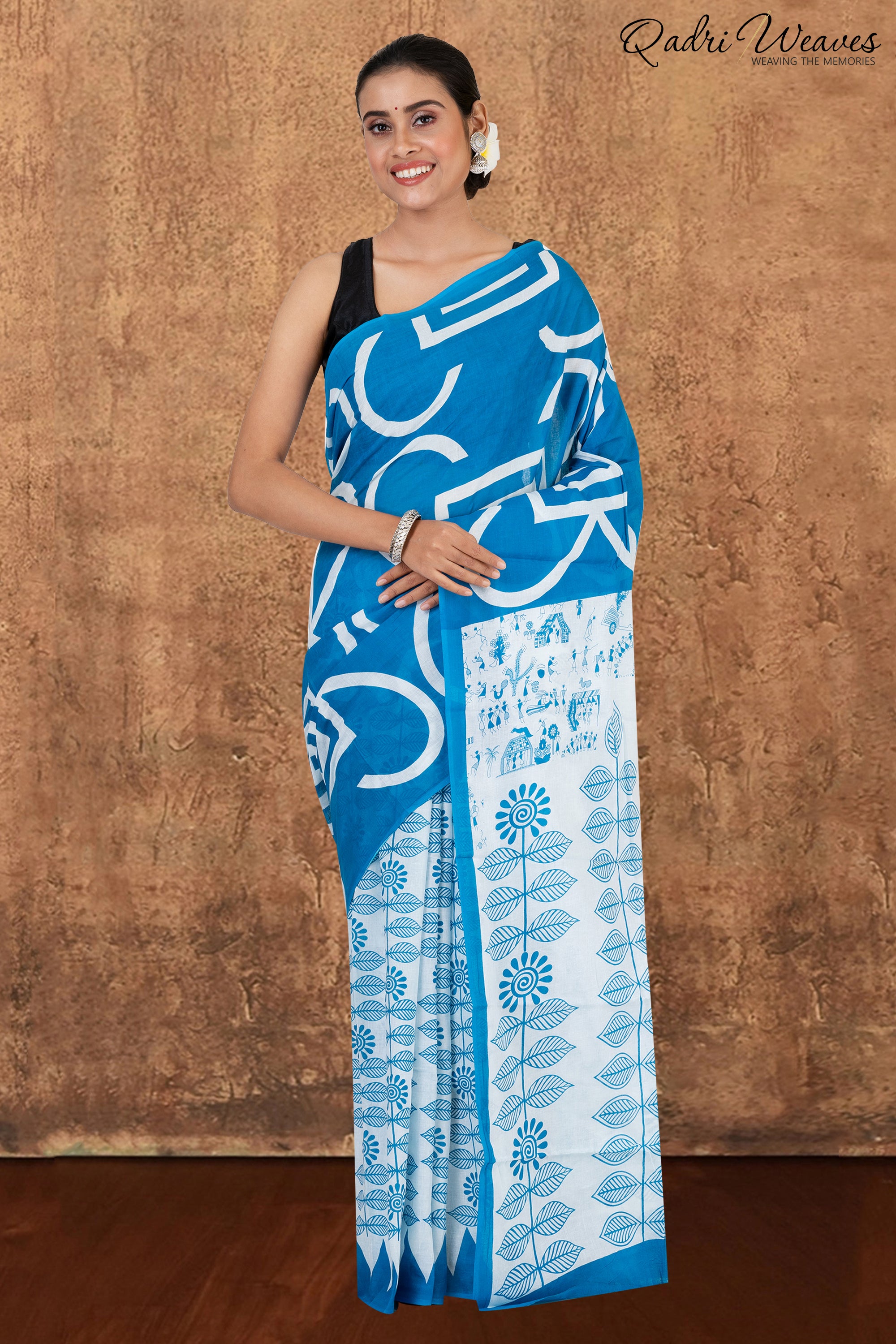 Printed Blue Ancient Civilizations & Flower Design Pure Mulmul Saree