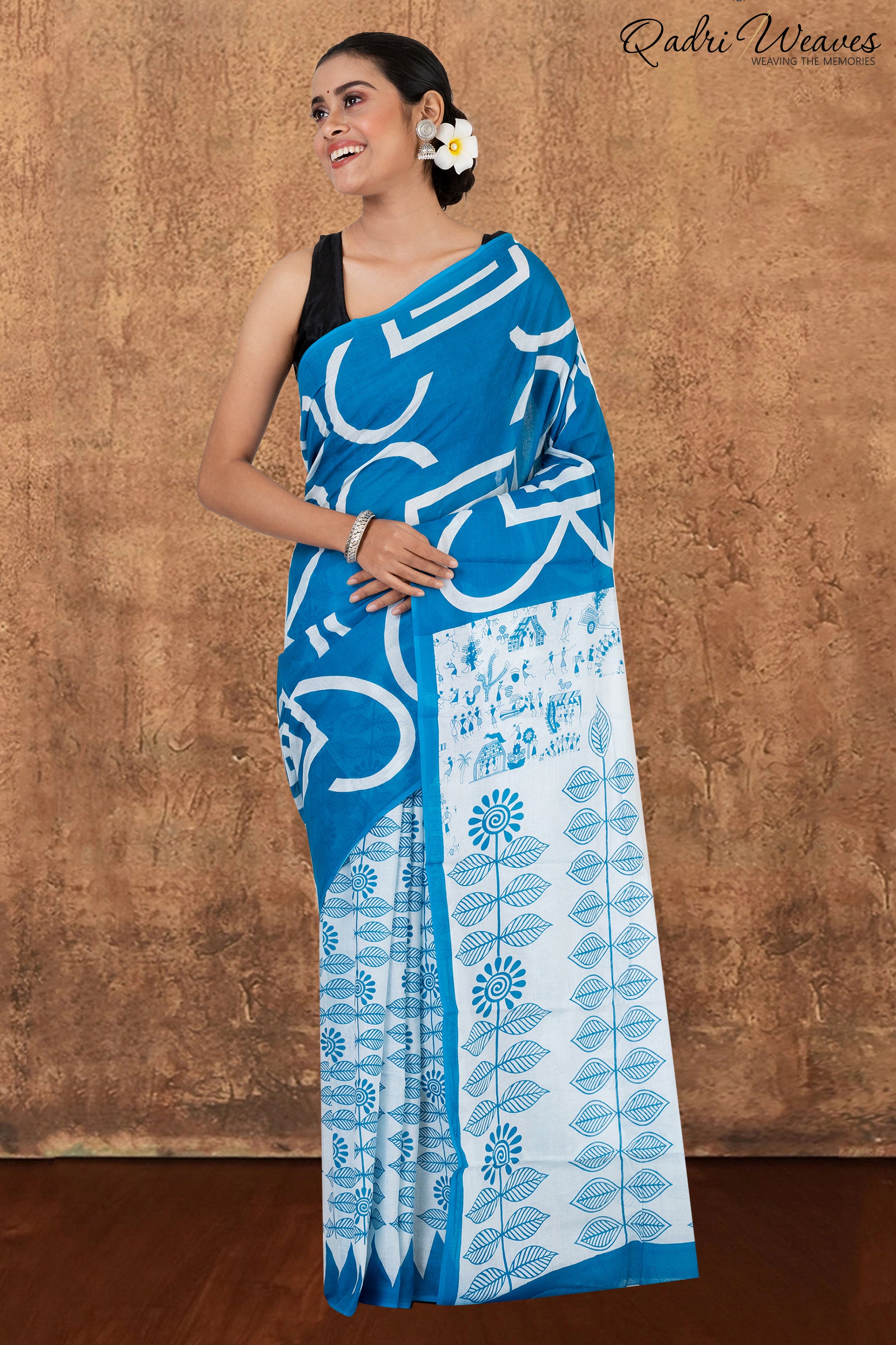 Printed Blue Ancient Civilizations & Flower Design Pure Mulmul Saree