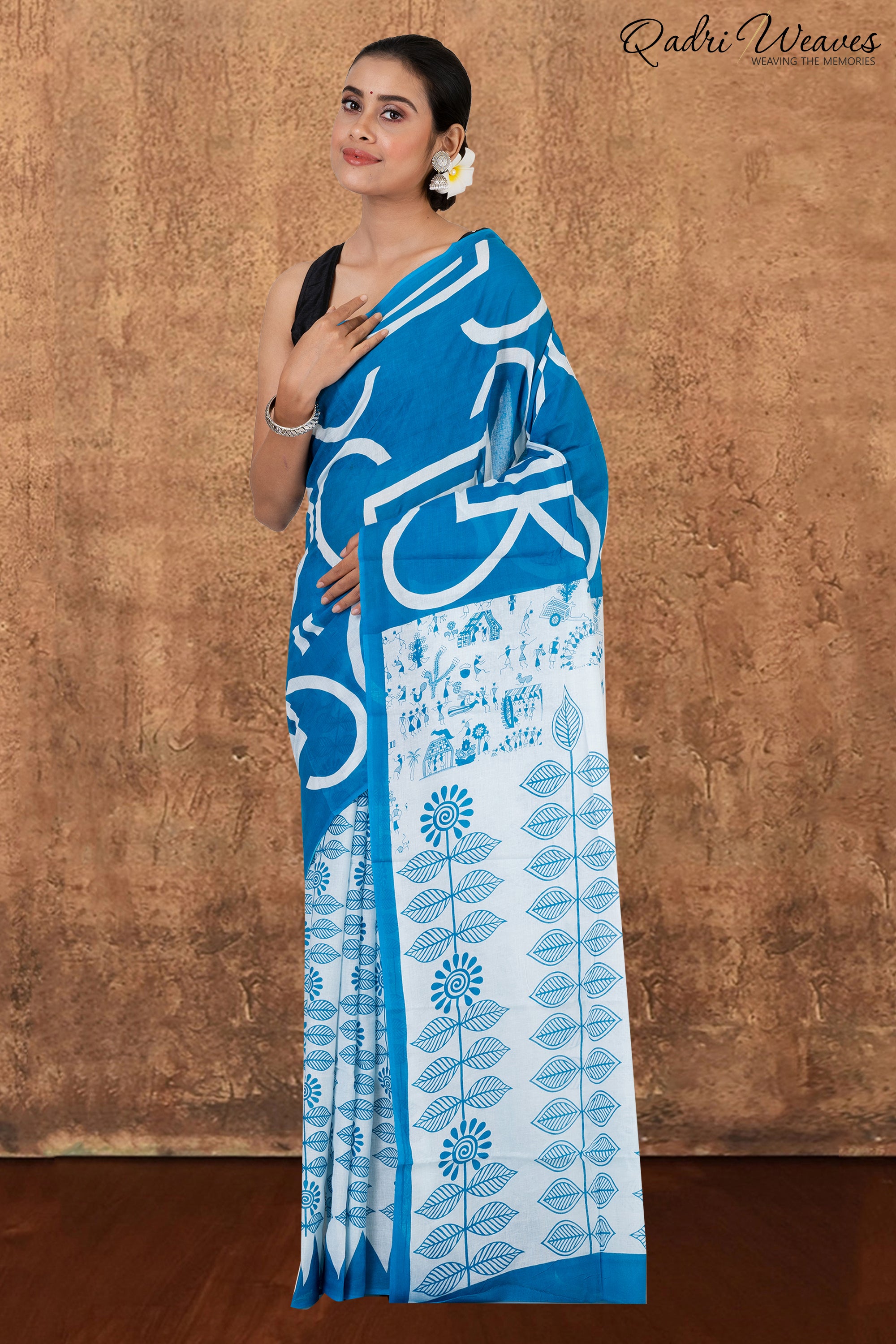 Printed Blue Ancient Civilizations & Flower Design Pure Mulmul Saree