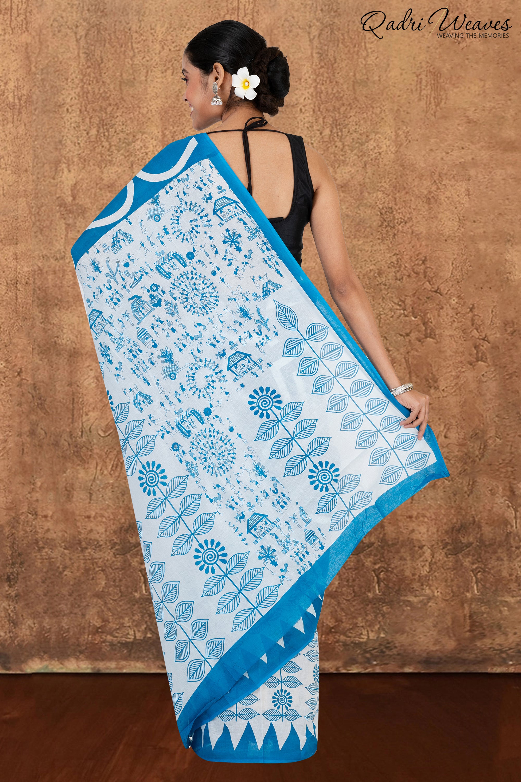 Printed Blue Ancient Civilizations & Flower Design Pure Mulmul Saree