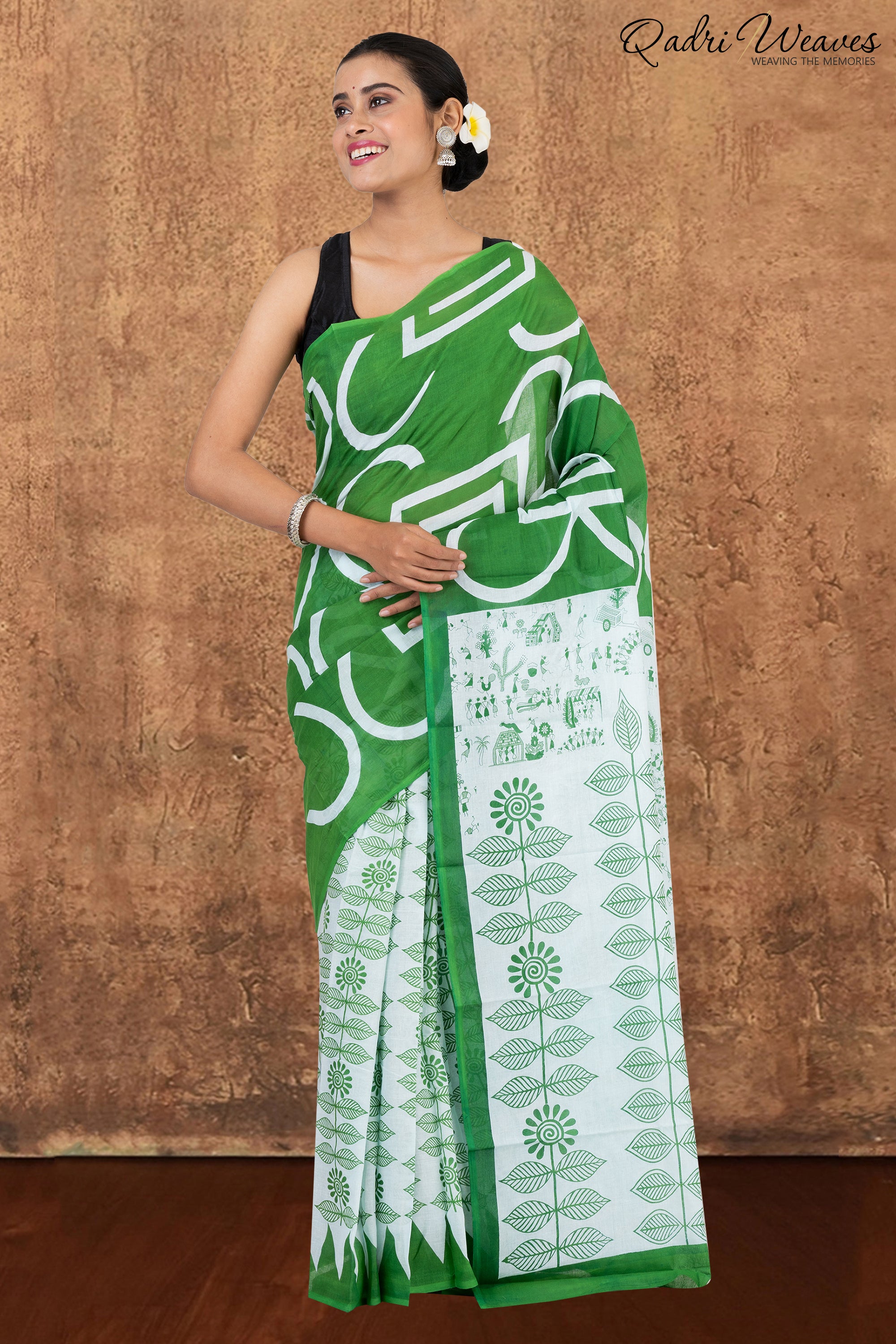 Printed Forest Green Ancient Civilizations & Flower Design Pure Mulmul Saree