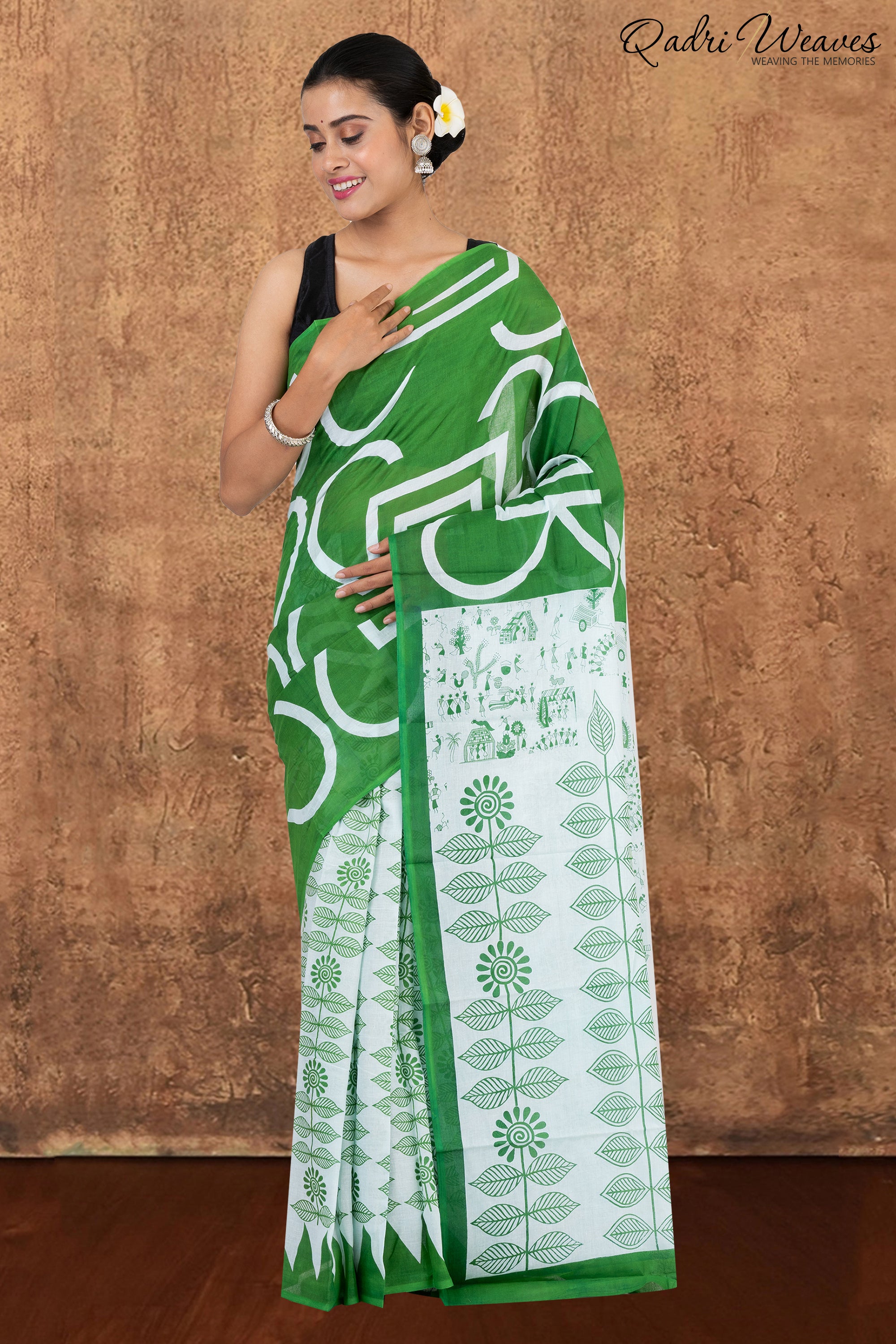 Printed Forest Green Ancient Civilizations & Flower Design Pure Mulmul Saree