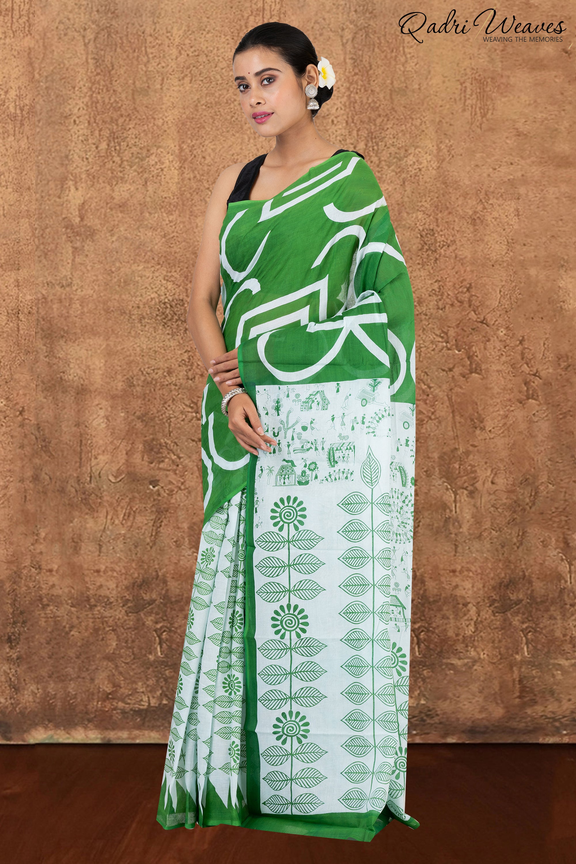 Printed Forest Green Ancient Civilizations & Flower Design Pure Mulmul Saree