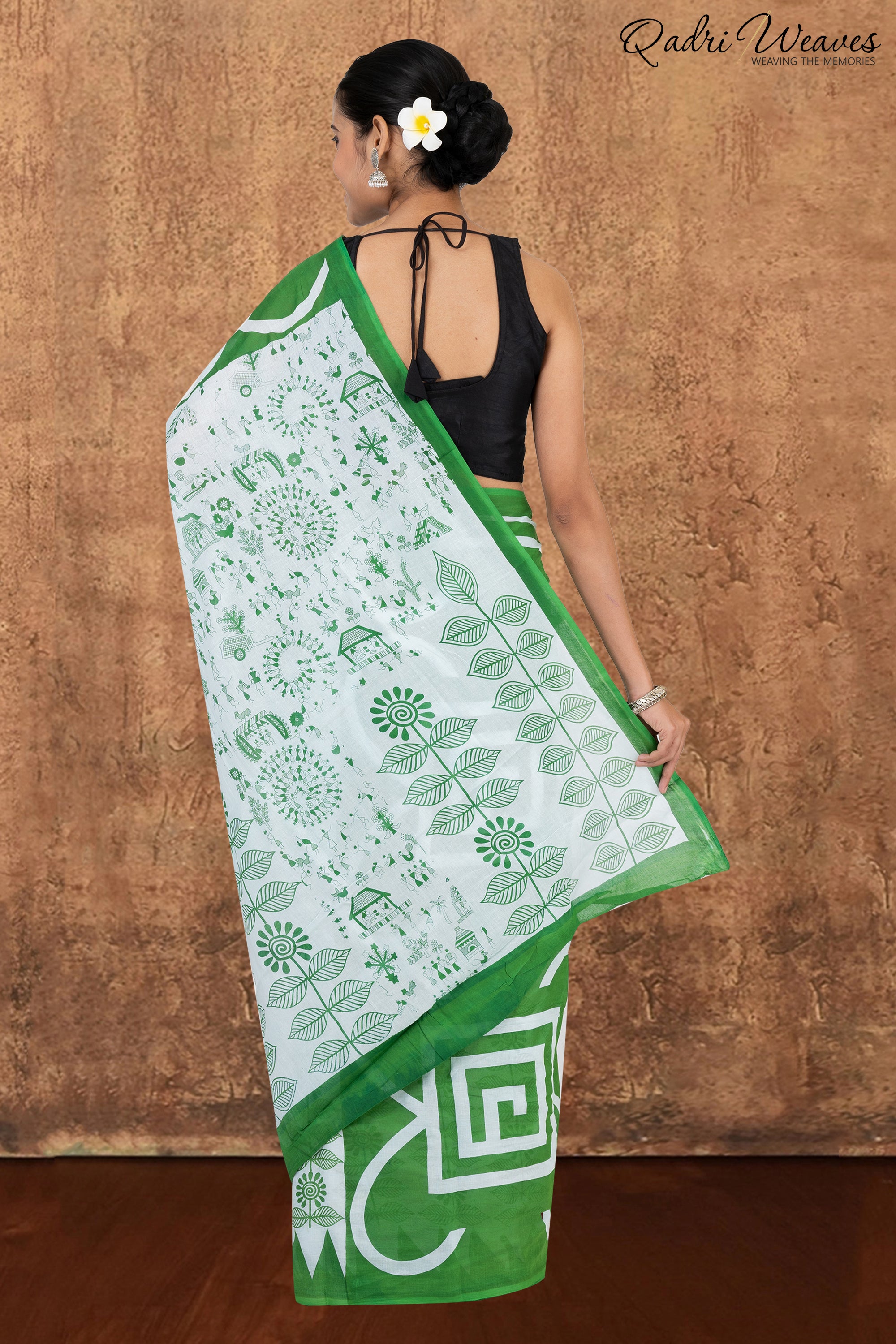 Printed Forest Green Ancient Civilizations & Flower Design Pure Mulmul Saree