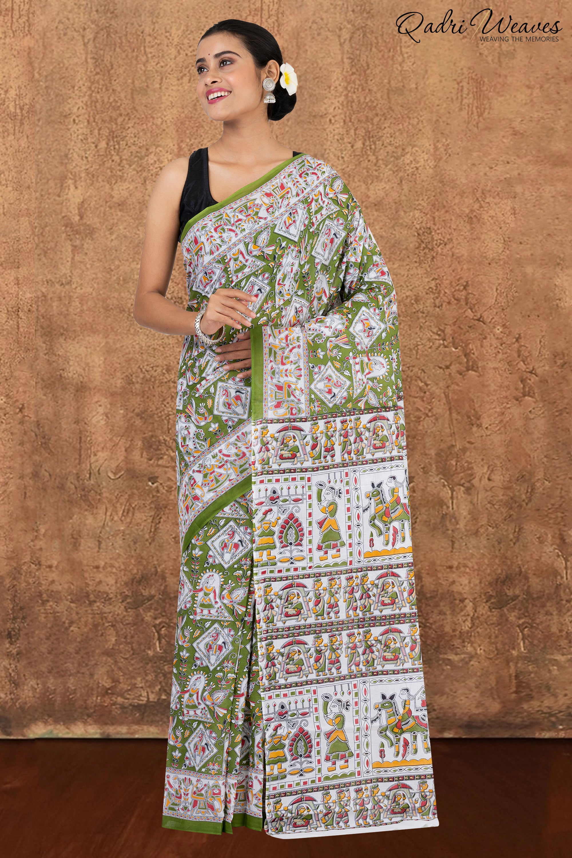 Printed Sheen Green Indian Procession Design Pure Mulmul Saree