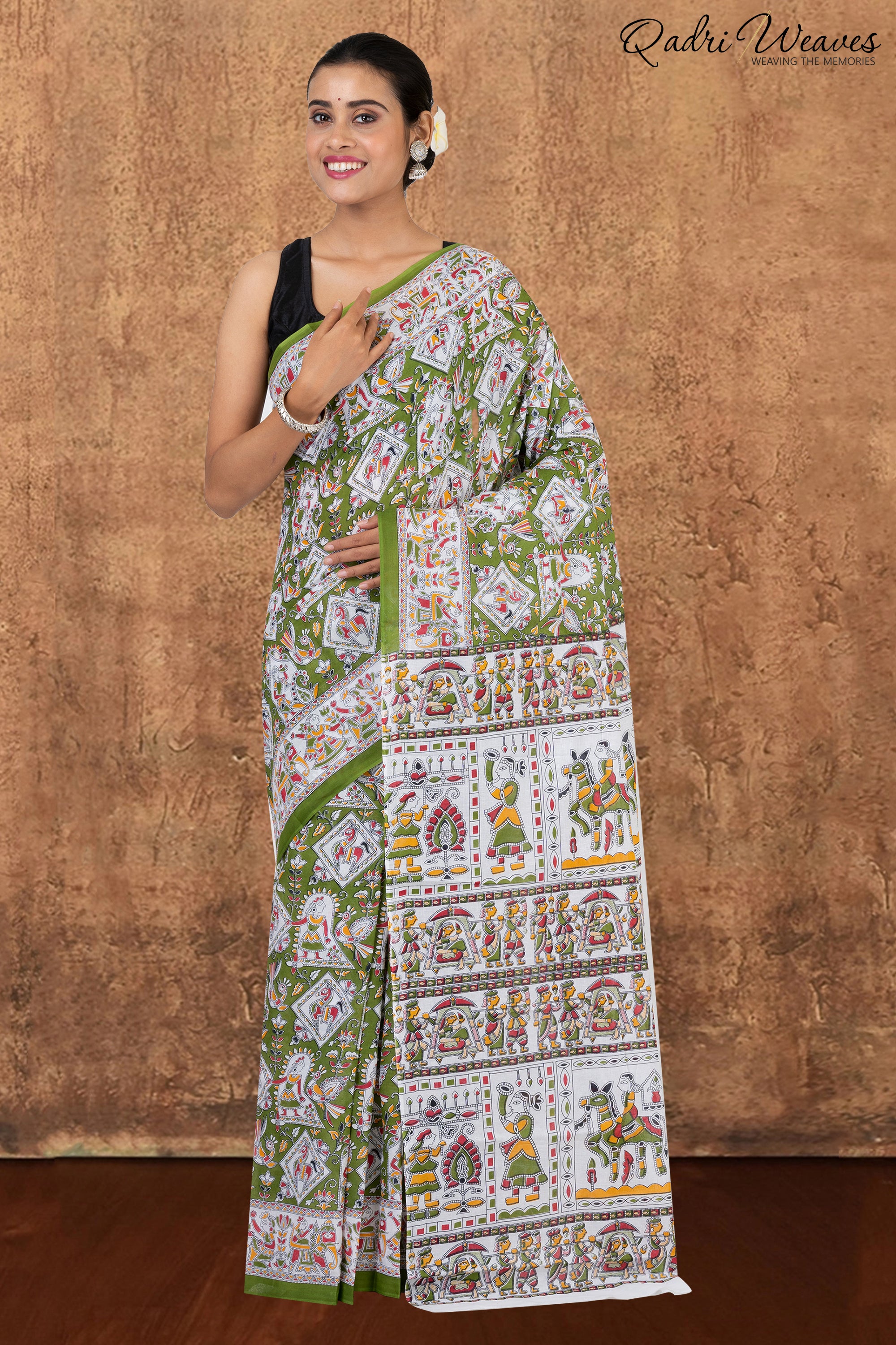 Printed Sheen Green Indian Procession Design Pure Mulmul Saree