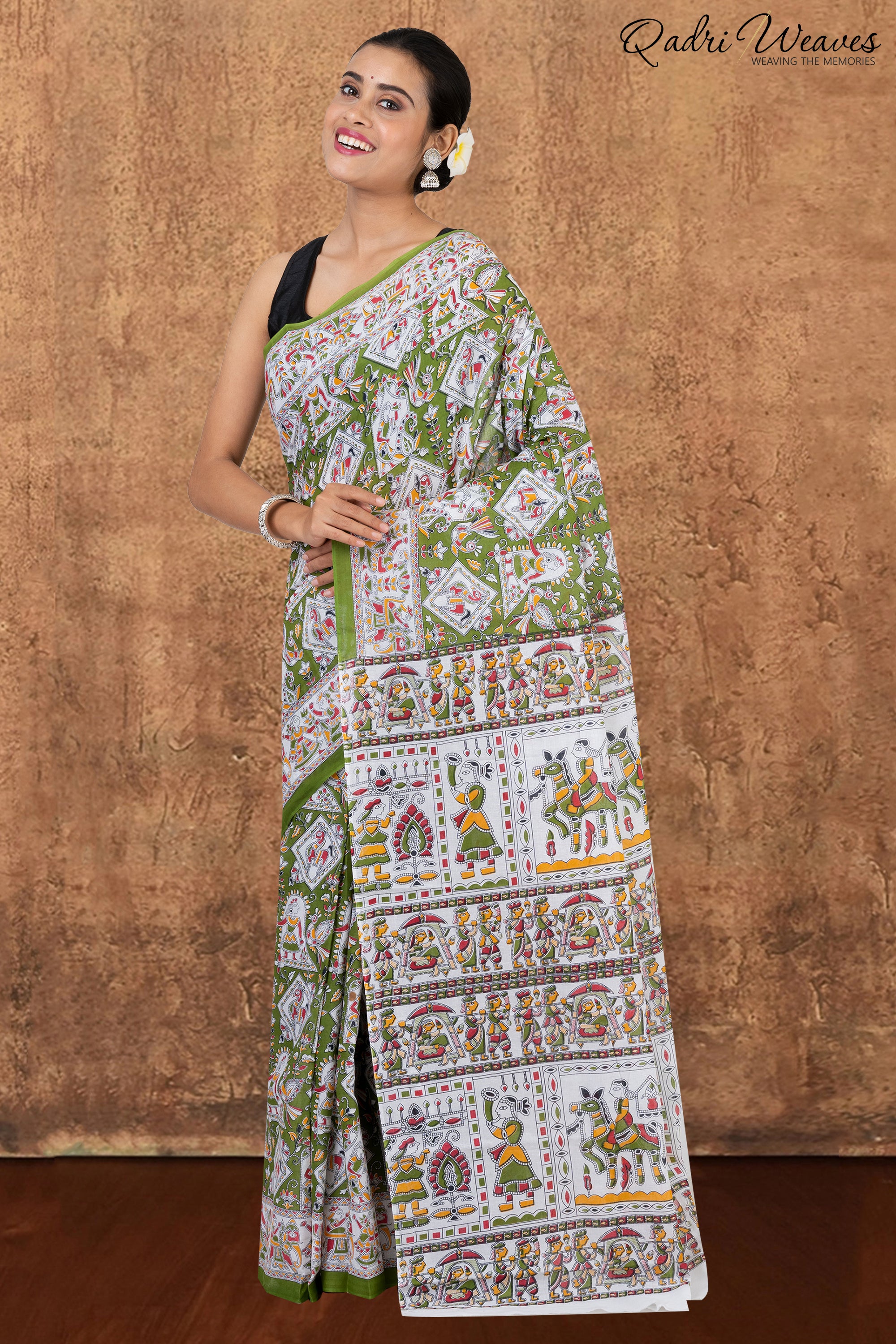 Printed Sheen Green Indian Procession Design Pure Mulmul Saree