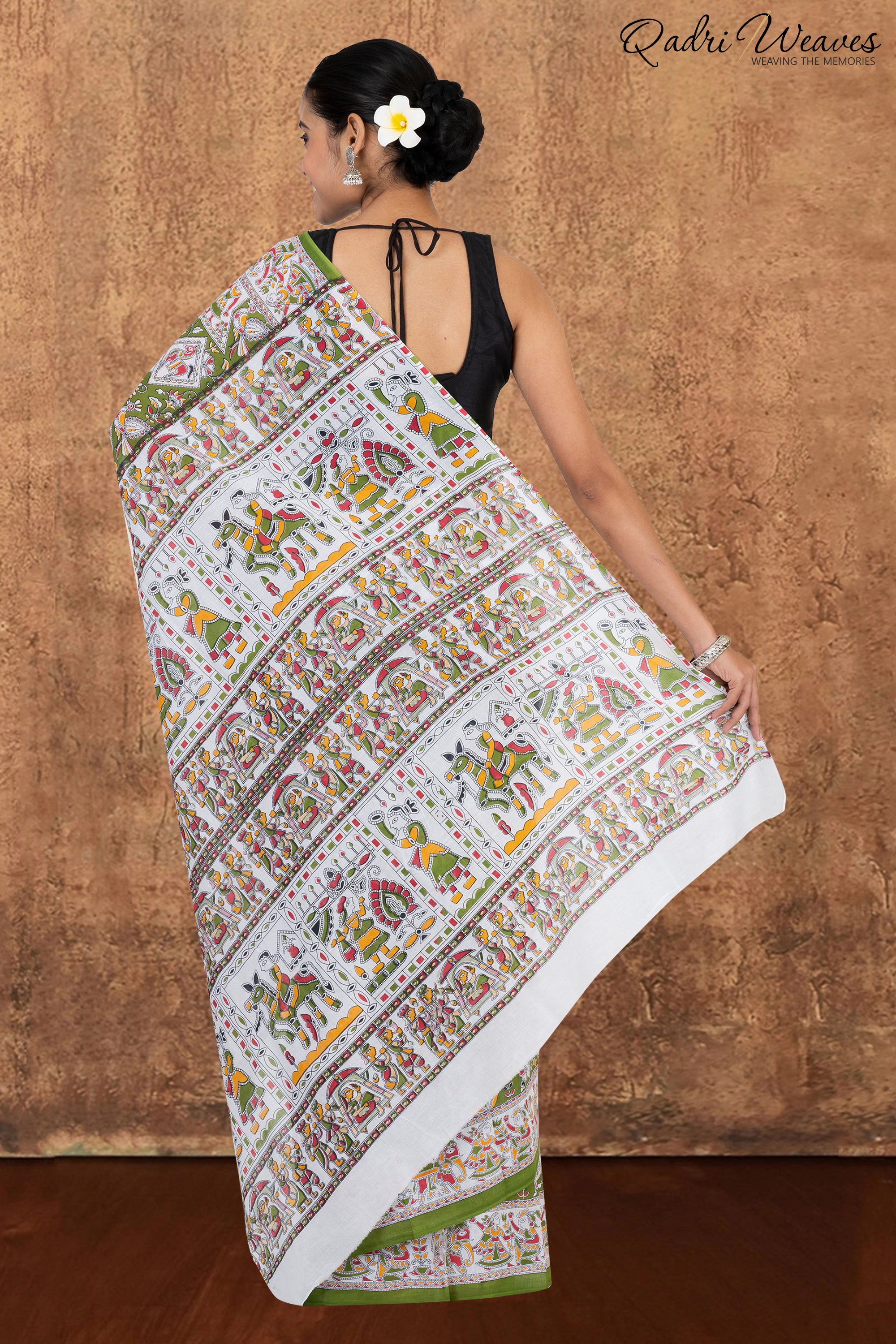 Printed Sheen Green Indian Procession Design Pure Mulmul Saree