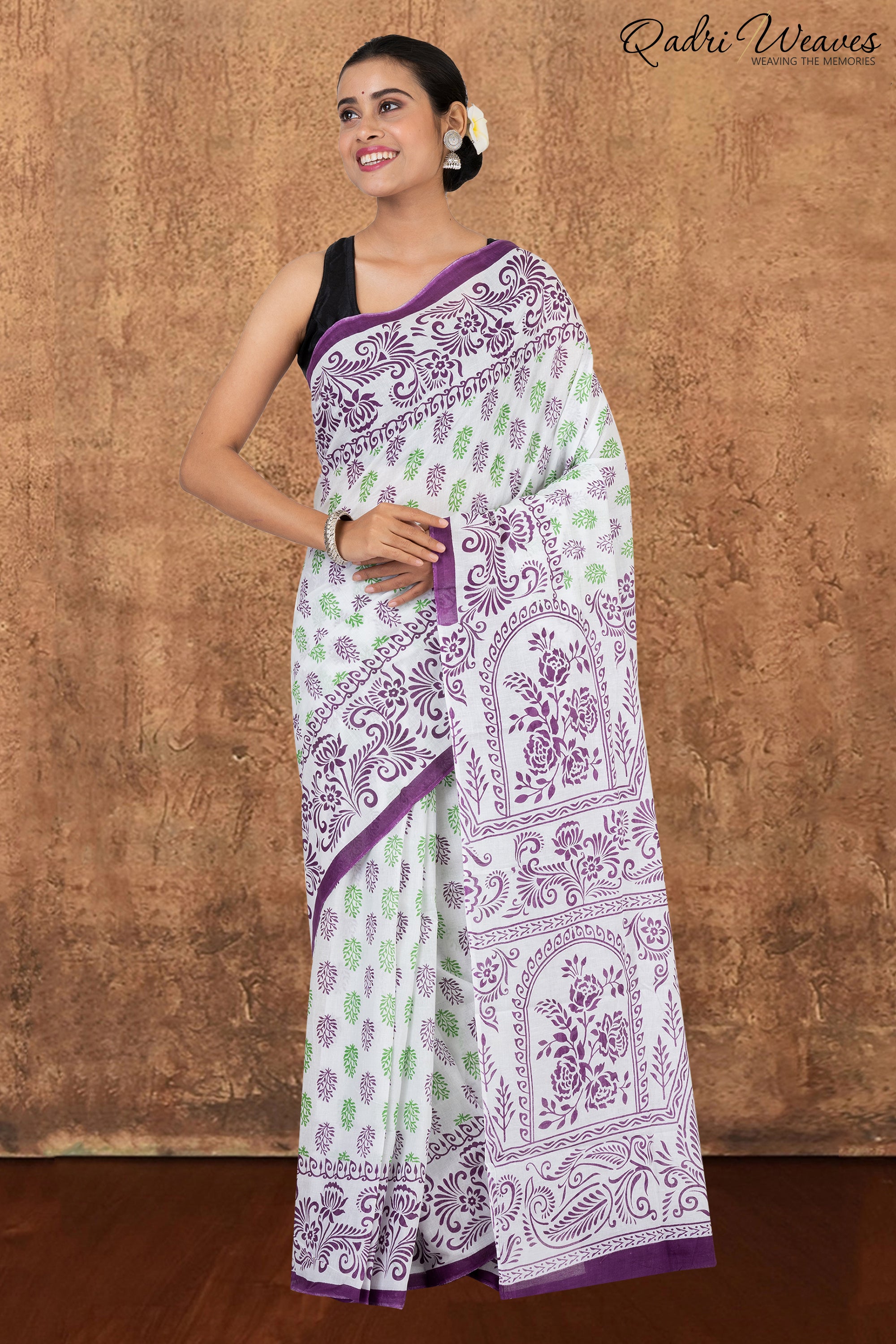 Printed Purple & Green Flower Design Pure Mulmul Saree