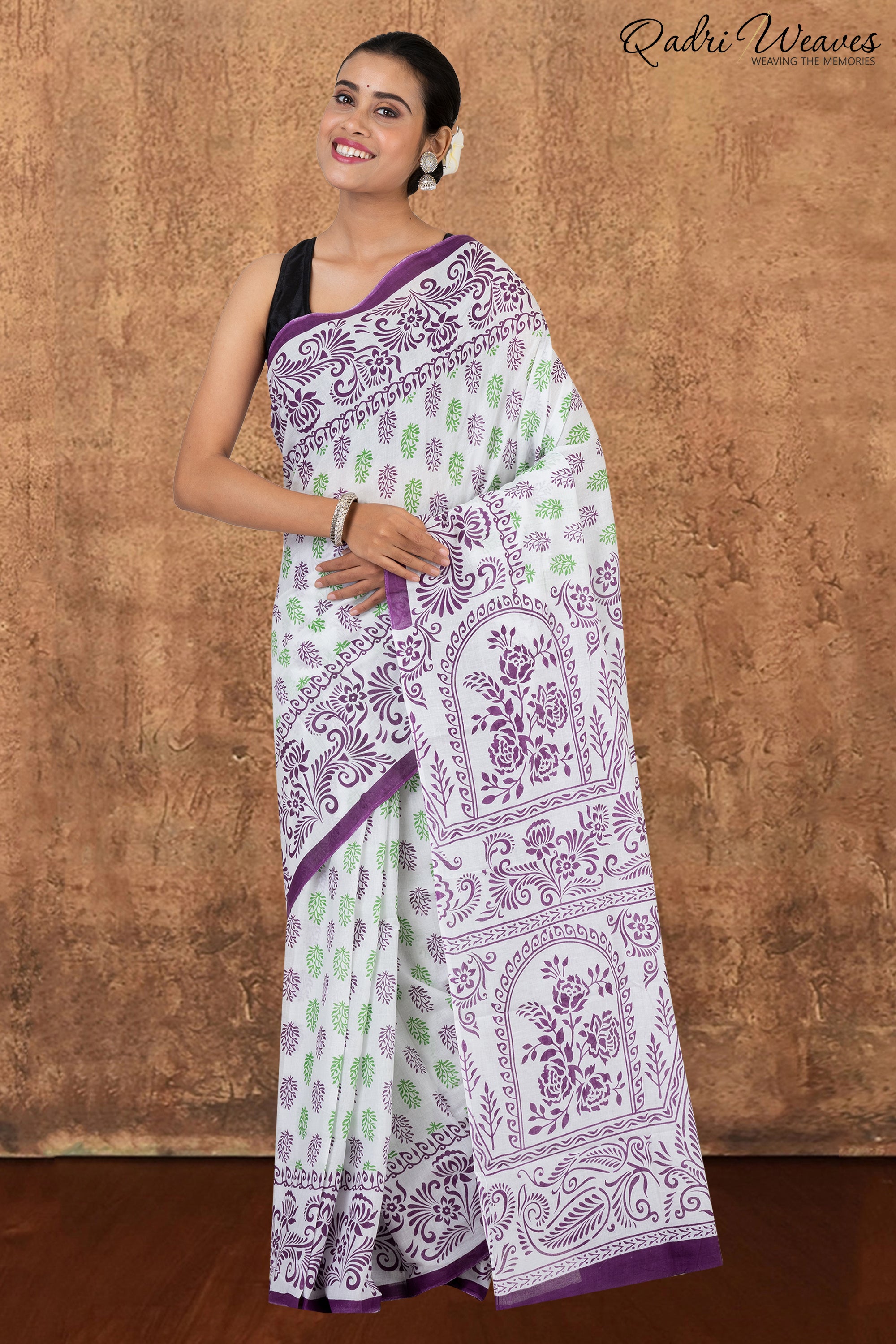 Printed Purple & Green Flower Design Pure Mulmul Saree