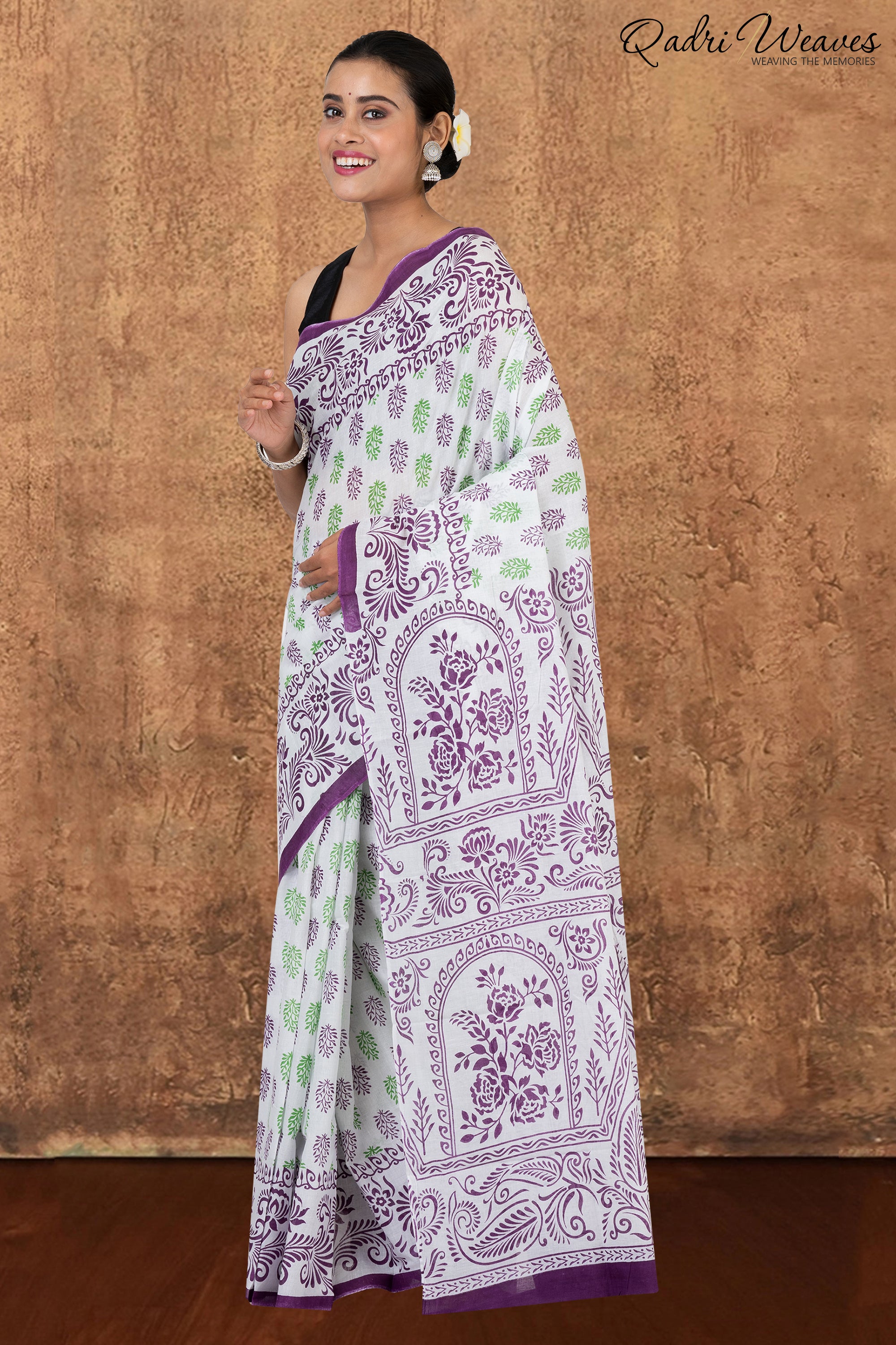 Printed Purple & Green Flower Design Pure Mulmul Saree