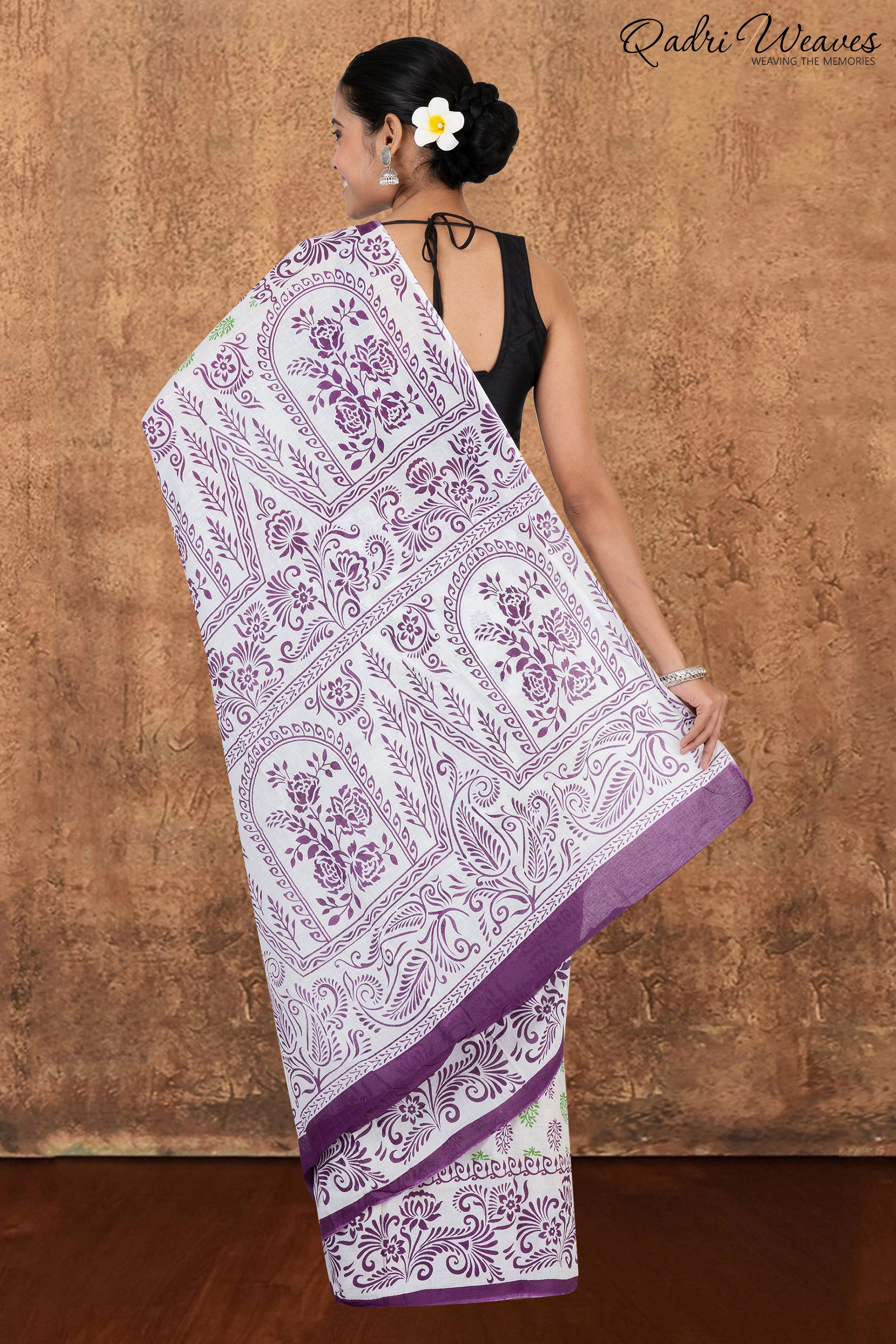 Printed Purple & Green Flower Design Pure Mulmul Saree