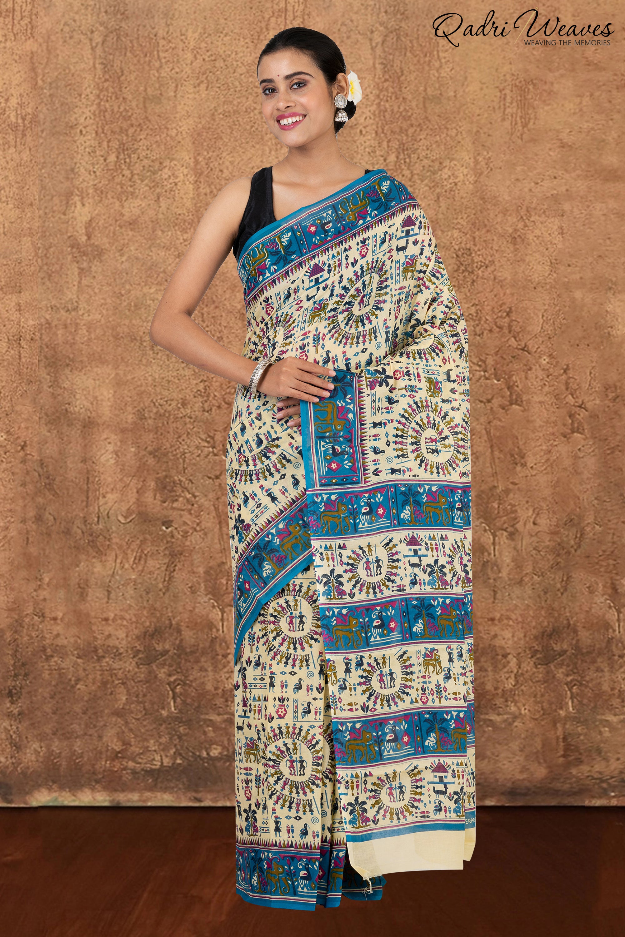 Printed Blue & Ivory Ancient Civilizations Design Pure Mulmul Saree