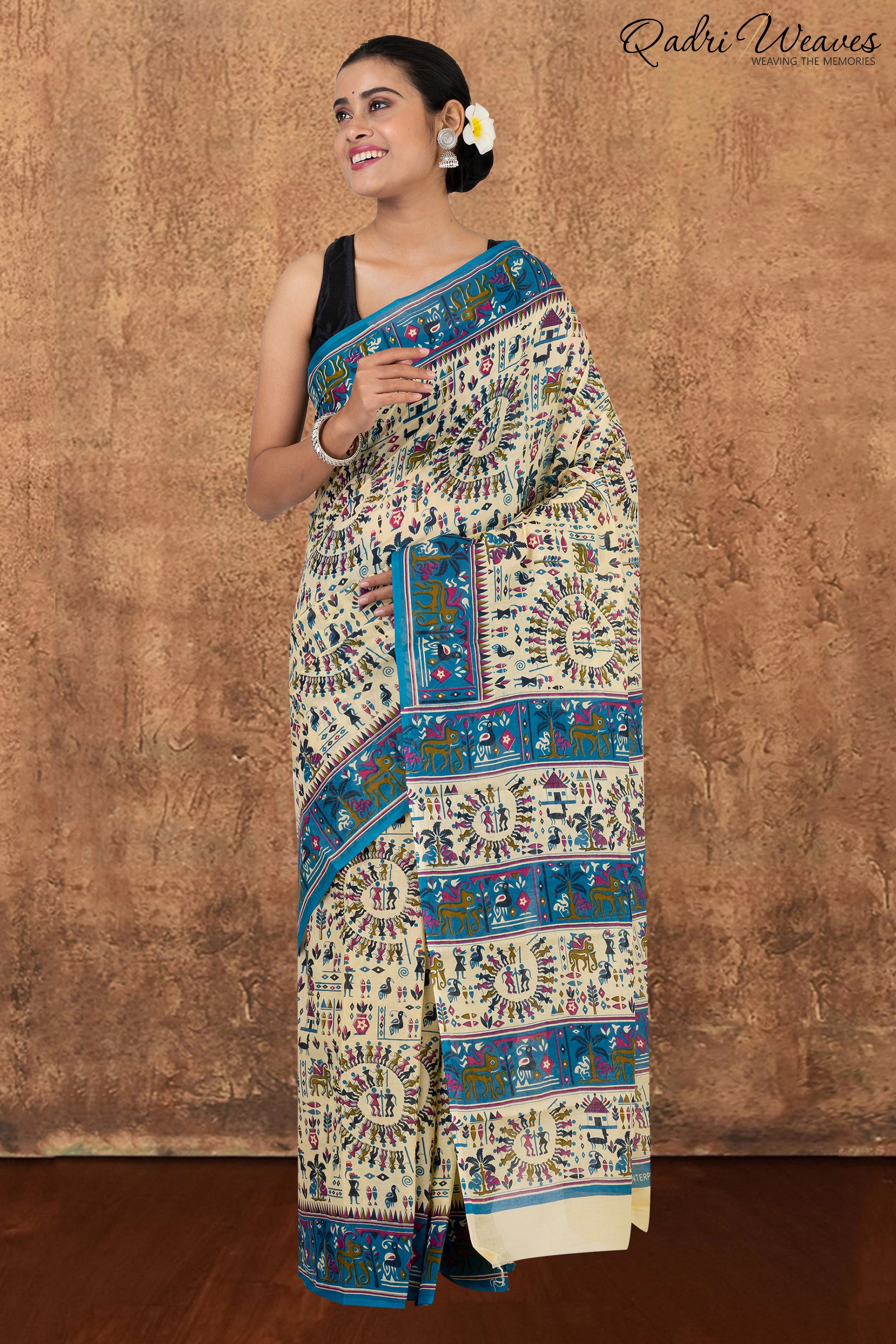 Printed Blue & Ivory Ancient Civilizations Design Pure Mulmul Saree