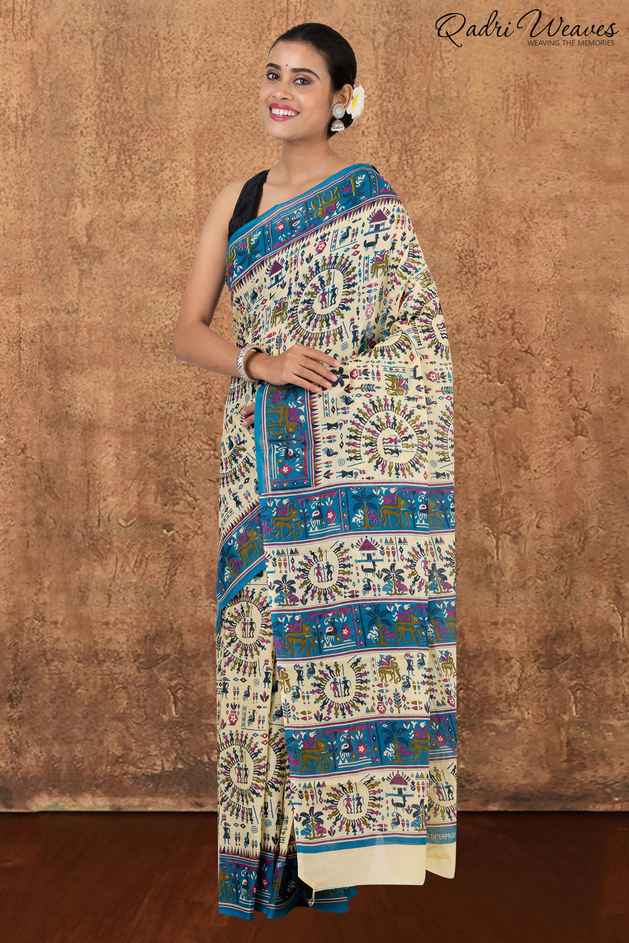 Printed Blue & Ivory Ancient Civilizations Design Pure Mulmul Saree