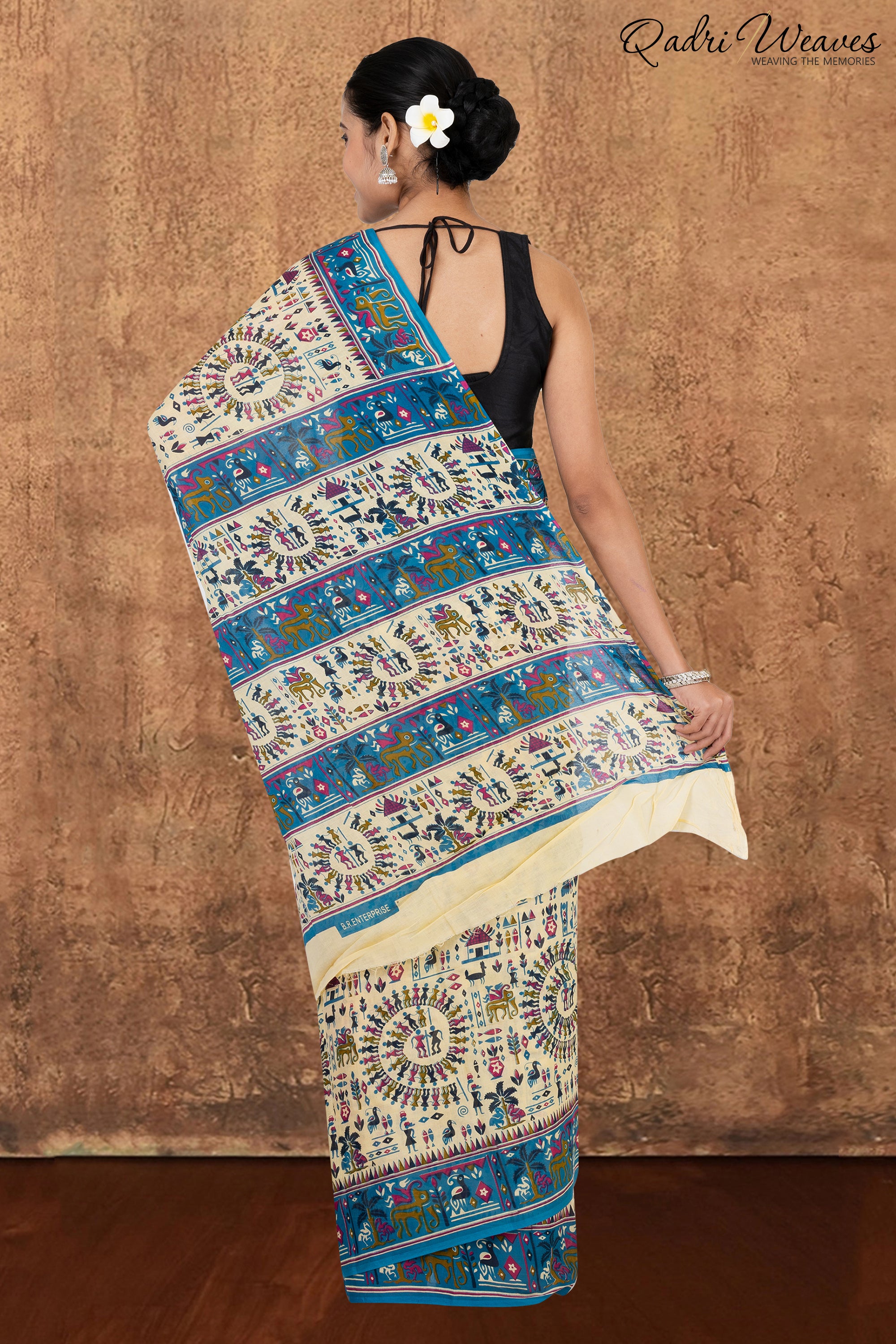 Printed Blue & Ivory Ancient Civilizations Design Pure Mulmul Saree